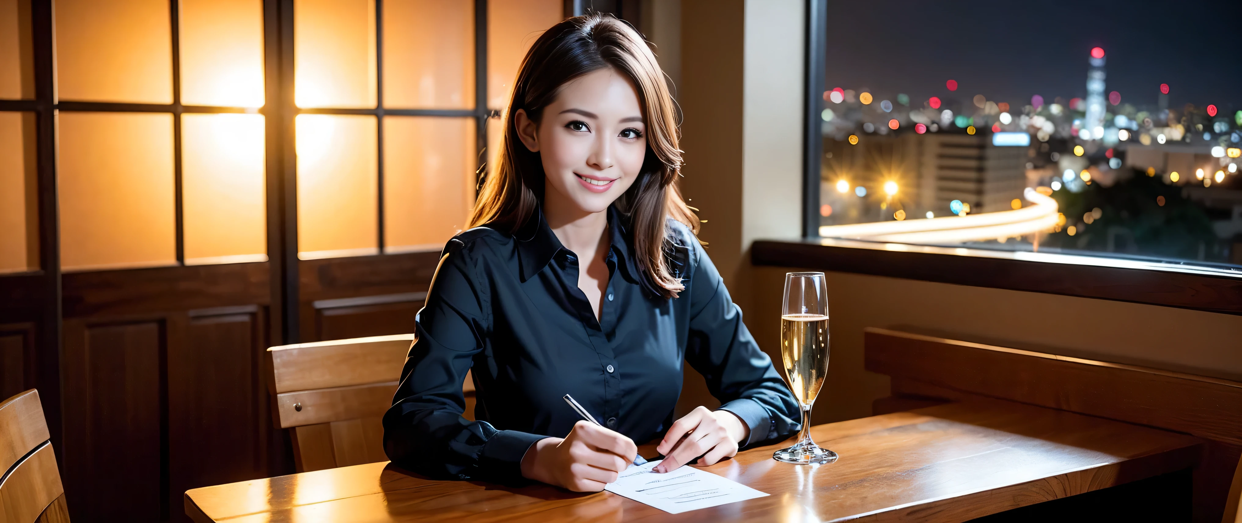 64k, Hmm, highest quality, masterpiece: 1.2), (realistic, photorealistic: 1.37), Spectacular view of the sunset sky and clouds、Amazing mountain views、3 slim beauties, (slim face),Happy、 the best smile、Fox face、Berry Short、(because I'thin), (brown hair), (shortcut), long sleeve shirt、winter fashion、Colombian、Brazilian、Japanese、Dutch、German、Portuguese、Belgian、Italian、French,Champagne、sparkling wine、 (squirt), (slim body), (brown hair), (shortcut), neat beauty、cheeks turn a little red, (35 years old), 38 years old, alone, A beautiful and detailed night view spreads out outside the window....., restaurant, wine glass is sitting, At night, in a prominent place (from the Upper body) nova frog style, actress, model, Upper body, White wine, slim, wine glass, Very beautiful night view, wine glass Put in the Middle, Happy smile, (smile: 1.15),