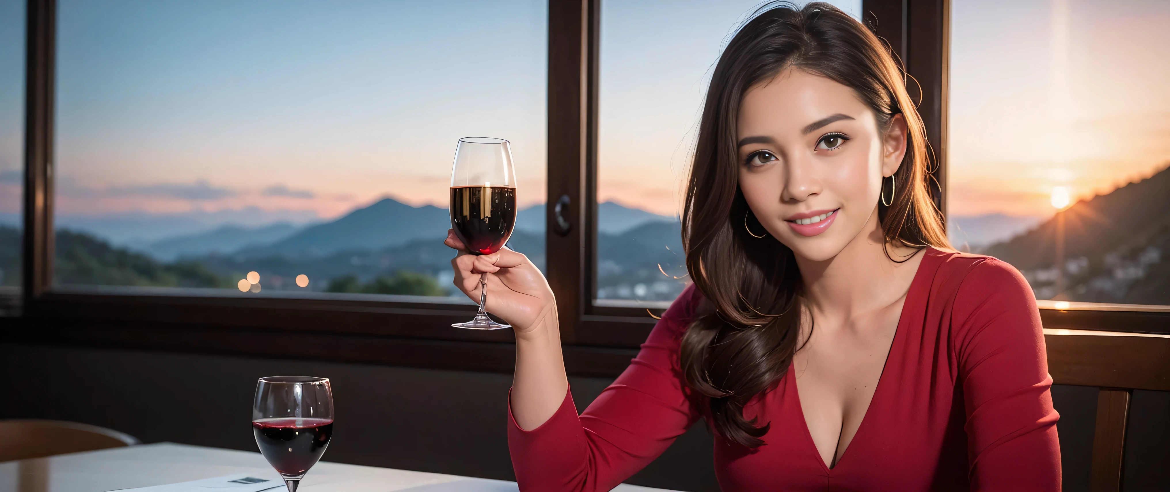 64k, Hmm, highest quality, masterpiece: 1.2), (realistic, photorealistic: 1.37), Spectacular view of the sunset sky and clouds、Amazing mountain views、3 slim beauties, (slim face),Happy、 the best smile、Fox face、Berry Short、(because I'thin), (brown hair), (shortcut), long sleeve shirt、winter fashion、Colombian、Brazilian、Japanese、Dutch、German、Portuguese、Belgian、Italian、French,Champagne、sparkling wine、 (squirt), (slim body), (brown hair), (shortcut), neat beauty、cheeks turn a little red, (35 years old), 38 years old, alone, A beautiful and detailed night view spreads out outside the window....., restaurant, wine glass is sitting, At night, in a prominent place (from the Upper body) nova frog style, actress, model, Upper body, White wine, slim, wine glass, Very beautiful night view, wine glass Put in the Middle, Happy smile, (smile: 1.15),