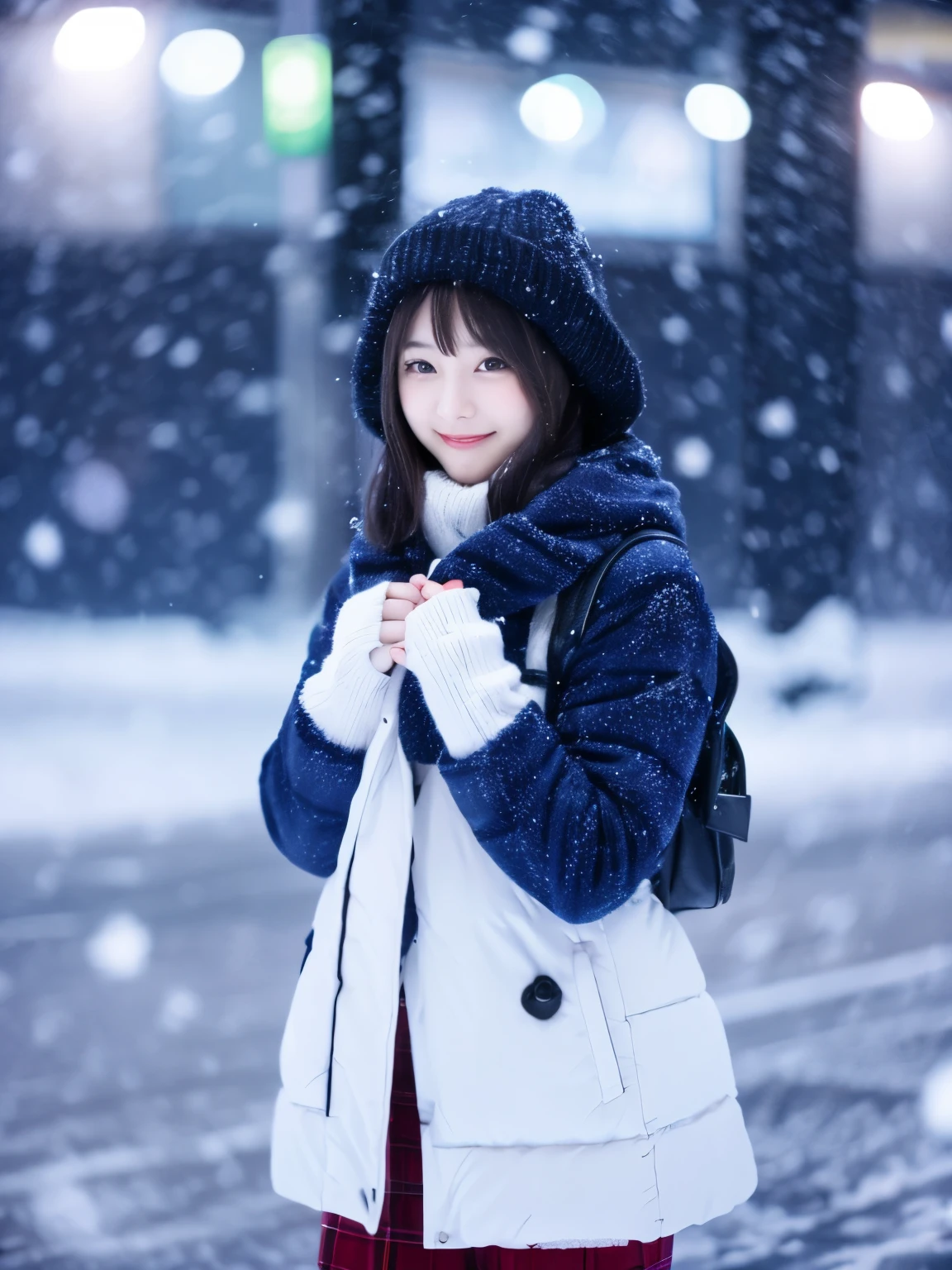 Photoreal, 32k, full body portrait, Single-lens reflex camera, Beautiful woman, attractive look, clear division, short hair, 20-year-old, winter, It's snowing, It's snowing, With New Chitose Airport in the background,