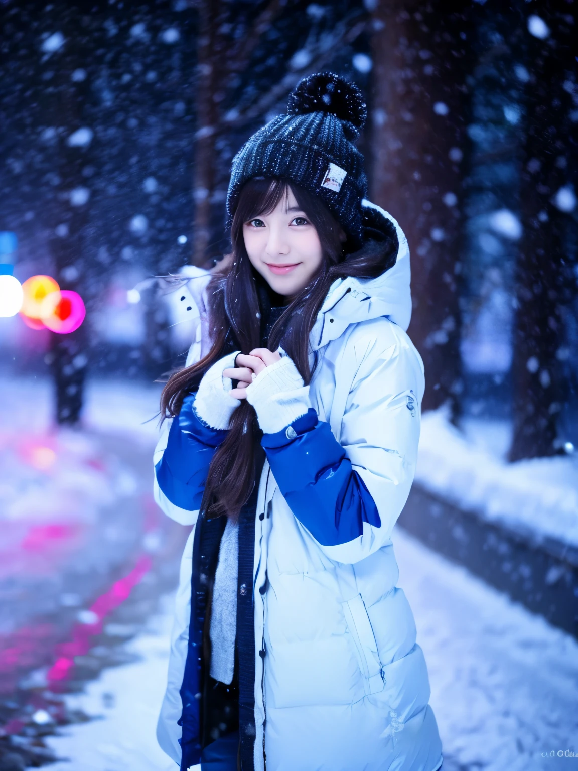 Photoreal, 32k, full body portrait, Single-lens reflex camera, Beautiful woman, attractive look, clear division, short hair, 20-year-old, winter, It's snowing, It's snowing, With New Chitose Airport in the background,