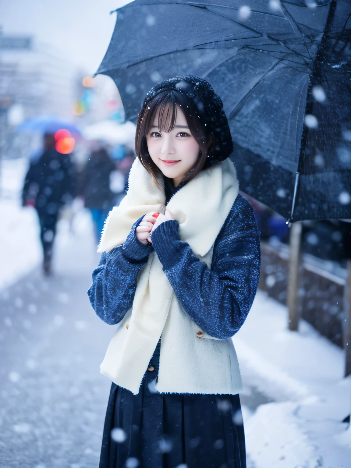Photoreal, 32k, full body portrait, Single-lens reflex camera, Beautiful woman, attractive look, clear division, short hair, 20-year-old, winter, It's snowing, It's snowing, With New Chitose Airport in the background,