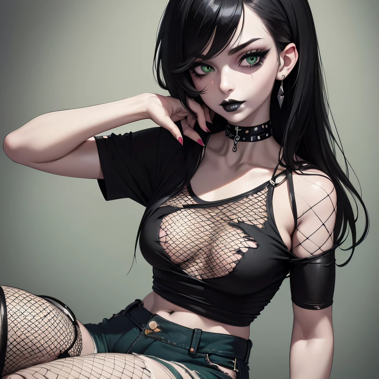 ((Masterpiece)) ((Portrait)) ((Beautiful)) ((Punk Style)) ((Small Breasts)) ((Thick Thighs)) ((Black Hair)) ((Long Hair)) ((Green Eyes)) ((Pale Skin)) ((Black tee shirt over fishnet shirt)) ((Ripped jeans)) ((Choker)) ((Black Lipstick)) ((Full lips)) ((Button Nose))