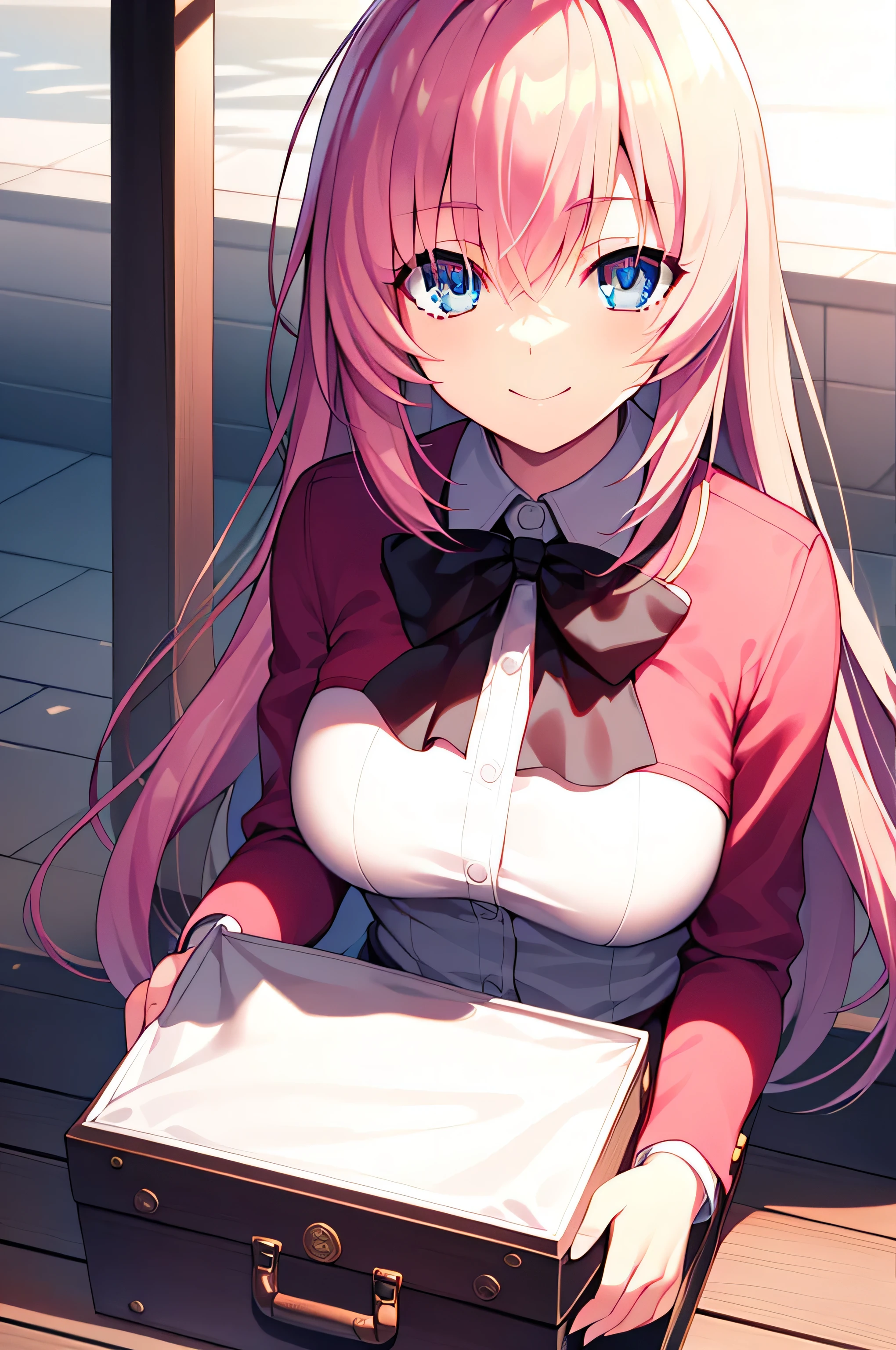 detectivelunch break, Smile, long hair, Bangs, blue eyes, shirt, hair accessories, long sleeves, skirt, bow, pink hair, hairpin, blunt Bangs, bowtie, red bow, x hair accessories, red bowtie, lunch break, (medium chest:1.2), rest looking at viewer, rest outside, rest (masterpiece:1.2), best quality, high resolution, unified 8k wallpaper, (illustration:0.8), (beautiful and delicate eyes:1.6), extremely detailed face, perfect lighting, Extremely detailed CG, (perfect hands, perfect anatomy),