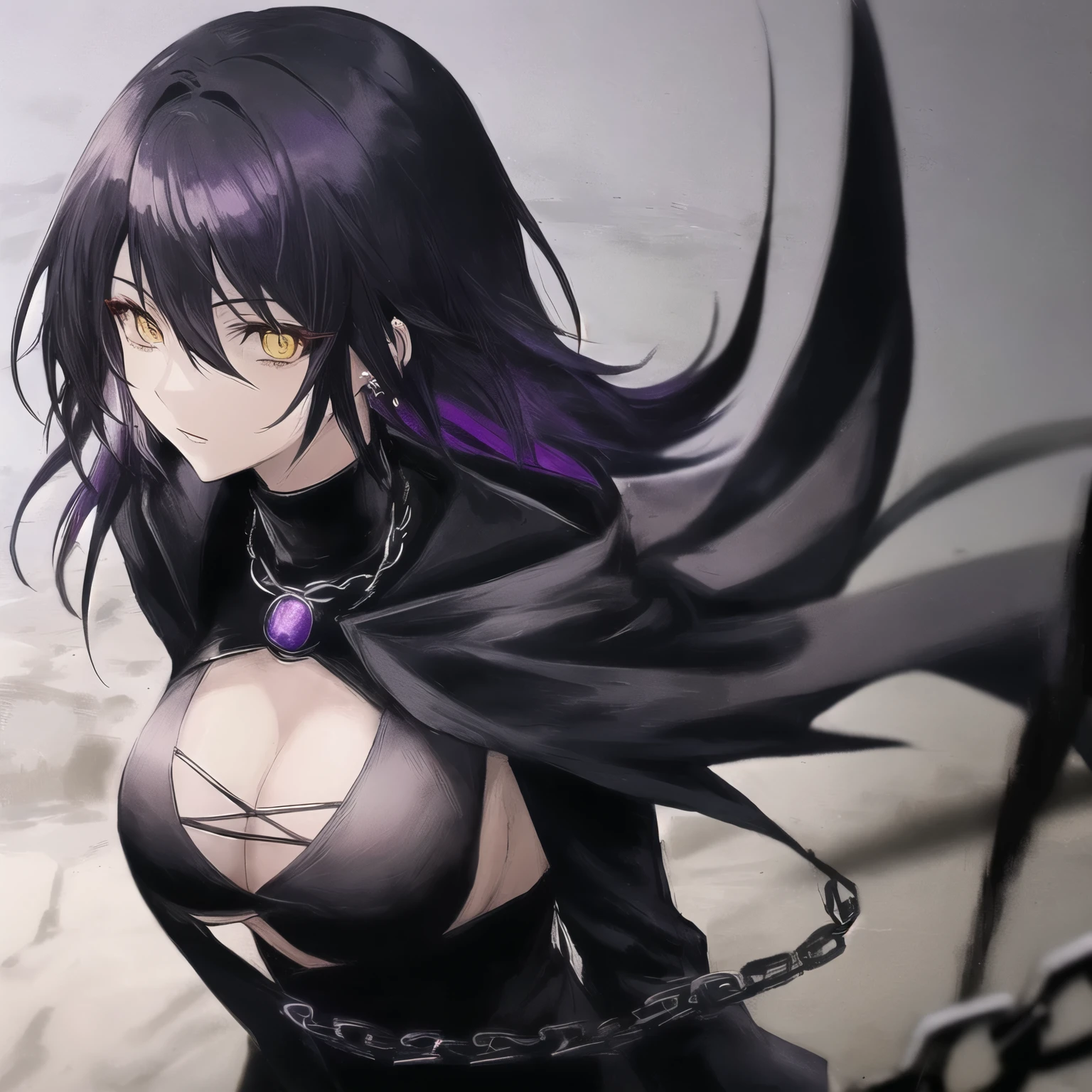 anime character dressed in black with chain around his neck, turtle neck, shadow mage female, female fantasy Vampire, single character, rpg portrait, noble female, anime illustration, dark witch character, rpg, black hair purple gradien, yellow eyes purple gradien color, rosario earpierce, wolf cut hair, female, wolfcut hair, bigboobs