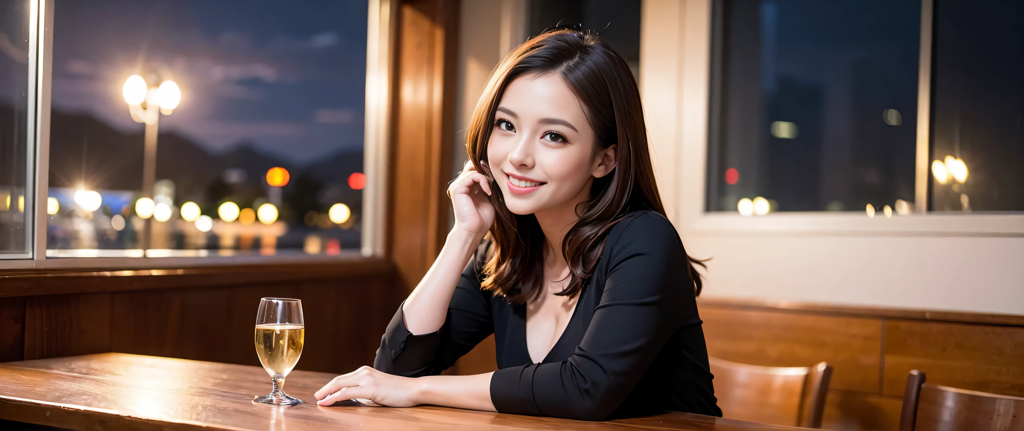 64k, Hmm, highest quality, masterpiece: 1.2), (realistic, photorealistic: 1.37), Spectacular view of the sunset sky and clouds、Amazing mountain views、3 slim beauties, (slim face),Happy、 the best smile、Fox face、Berry Short、(because I&#39;thin), (brown hair), (shortcut), long sleeve shirt、winter fashion、Colombian、Brazilian、Japanese、Dutch、German、Portuguese、Belgian、Italian、French,Champagne、sparkling wine、 (squirt), (slim body), (brown hair), (shortcut), neat beauty、cheeks turn a little red, (40 years old), 38 years old, alone, A beautiful and detailed night view spreads out outside the window....., restaurant, wine glass is sitting, At night, in a prominent place (from the Upper body) nova frog style, actress, model, Upper body, White wine, slim, wine glass, Very beautiful night view, wine glass Put in the Middle, Happy smile, (smile: 1.15), 