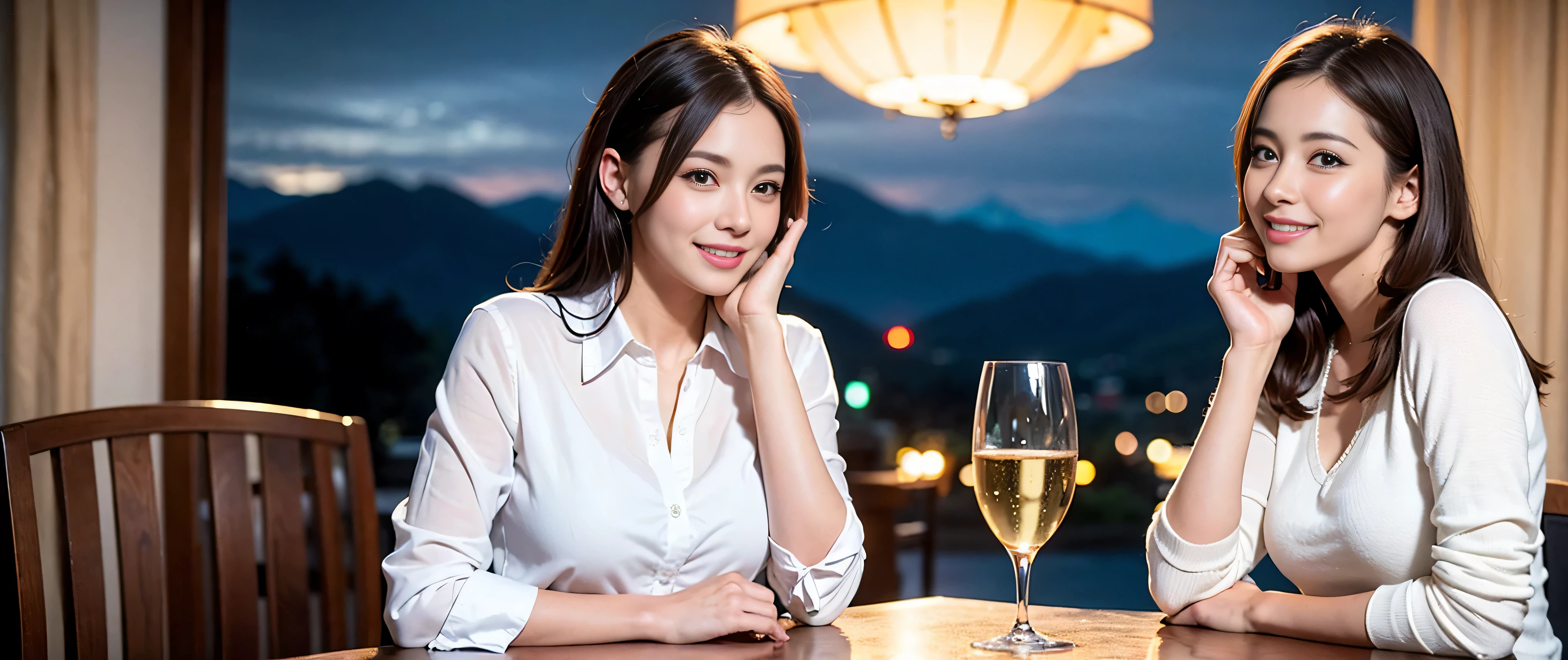 64k, Hmm, highest quality, masterpiece: 1.2), (realistic, photorealistic: 1.37),Spectacular view of the sunset sky and clouds、Amazing mountain views、3 slim beauties, (slim face),Happy、 the best smile、Fox face、Berry Short、(because I&#39;thin), (brown hair), (shortcut), long sleeve shirt、winter fashion、Colombian、Brazilian、Japanese、Dutch、German、Portuguese、Belgian、Italian、French,Champagne、sparkling wine、 (squirt), (slim body), (brown hair), (shortcut), neat beauty、cheeks turn a little red, (39 years old), 38 years old, alone, A beautiful and detailed night view spreads out outside the window....., restaurant, wine glass is sitting, At night, in a prominent place (from the Upper body) nova frog style, actress, model, Upper body, White wine, slim, wine glass, Very beautiful night view, wine glass Put in the Middle, Happy smile, (smile: 1.15), 