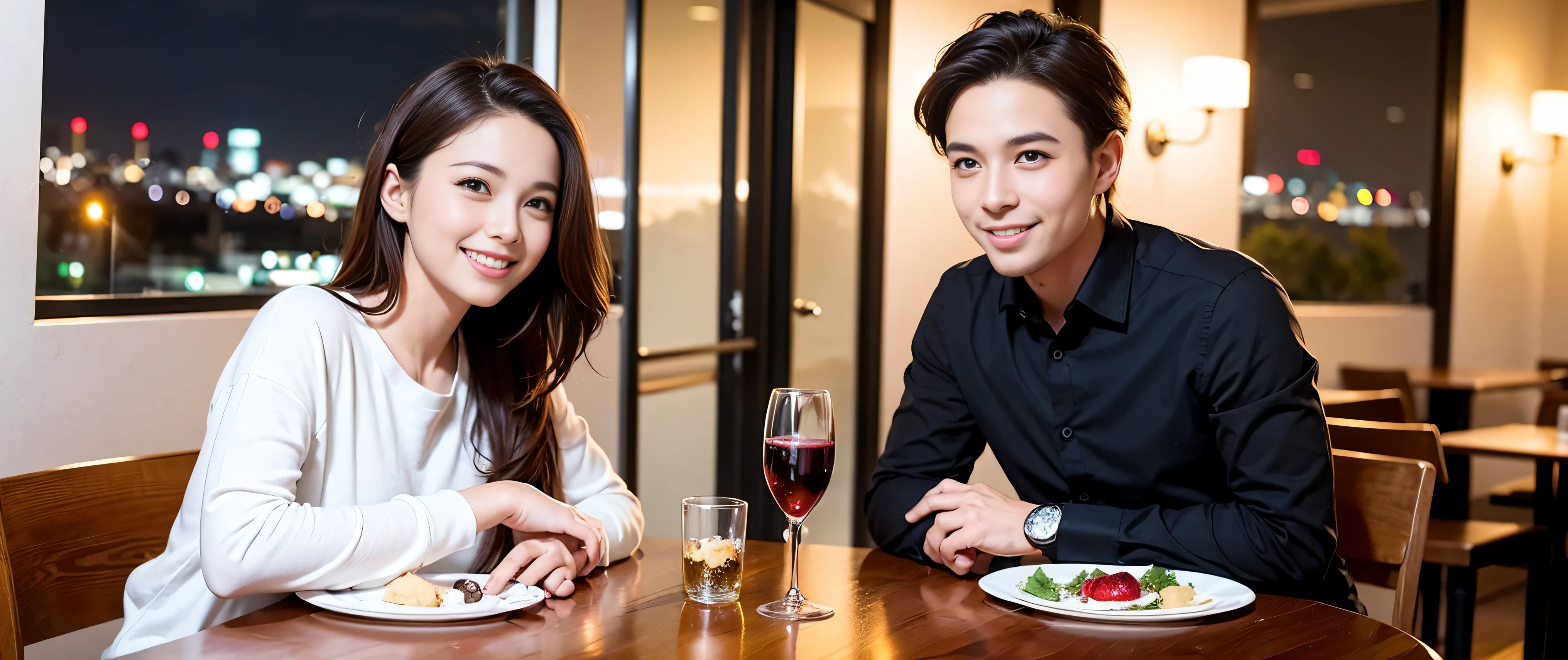 64k, Hmm, highest quality, masterpiece: 1.2), (realistic, photorealistic: 1.37),Spectacular view of the sunset sky and clouds、Amazing mountain views、3 slim beauties, (slim face),Happy、 the best smile、Fox face、Berry Short、(because I'thin), (brown hair), (shortcut), long sleeve shirt、winter fashion、Colombian、Brazilian、Japanese、Dutch、German、Portuguese、Belgian、Italian、French,Champagne、sparkling wine、 (squirt), (slim body), (brown hair), (shortcut), neat beauty、cheeks turn a little red, (39 years old), 38 years old, alone, A beautiful and detailed night view spreads out outside the window....., restaurant, wine glass is sitting, At night, in a prominent place (from the Upper body) nova frog style, actress, model, Upper body, White wine, slim, wine glass, Very beautiful night view, wine glass Put in the Middle, Happy smile, (smile: 1.15),