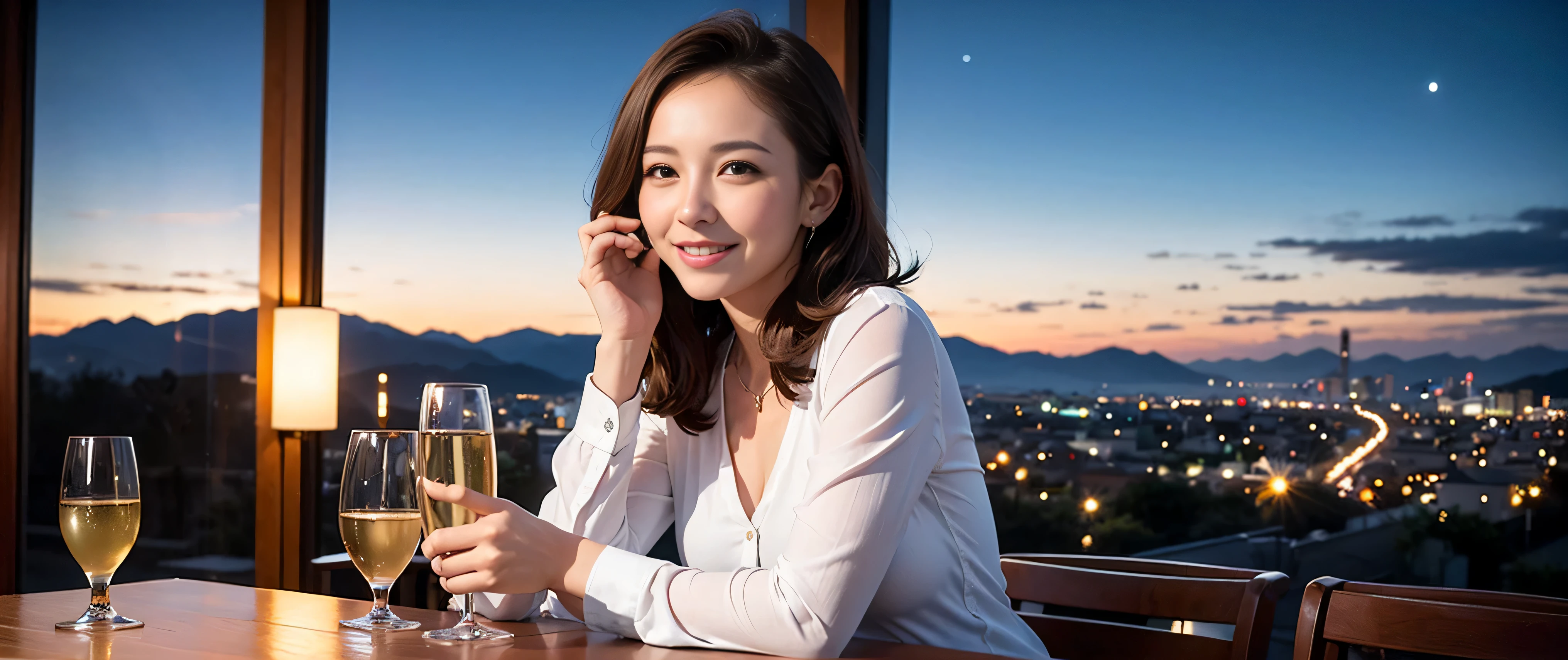 64k, Hmm, highest quality, masterpiece: 1.2), (realistic, photorealistic: 1.37),Spectacular view of the sunset sky and clouds、Amazing mountain views、3 slim beauties, (slim face),Happy、 the best smile、Fox face、Berry Short、(because I'thin), (brown hair), (shortcut), long sleeve shirt、winter fashion、Colombian、Brazilian、Japanese、Dutch、German、Portuguese、Belgian、Italian、French,Champagne、sparkling wine、 (squirt), (slim body), (brown hair), (shortcut), neat beauty、cheeks turn a little red, (39 years old), 38 years old, alone, A beautiful and detailed night view spreads out outside the window....., restaurant, wine glass is sitting, At night, in a prominent place (from the Upper body) nova frog style, actress, model, Upper body, White wine, slim, wine glass, Very beautiful night view, wine glass Put in the Middle, Happy smile, (smile: 1.15),