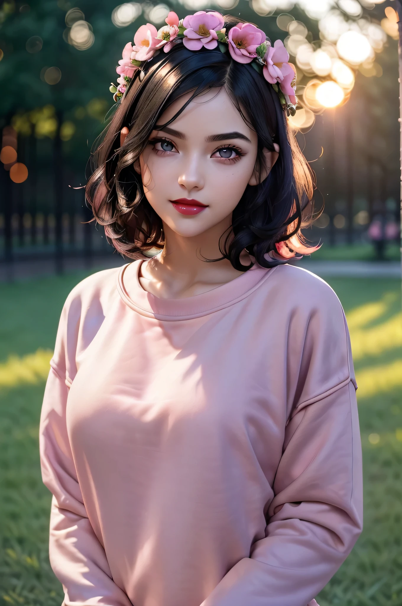Beautiful , gothic, pale white skin, short hair, (((short and wavy dark black hair, with deep red hightlights))), (((light violet detailed eyes))), double eyelid, long eyelashes, thick dark eyebrows, (((tiny small nose))), (((big full red lips))), deeply blushing, cheek freckle, perfect straight white teeth, perfect body figure, (((very big and lifted bust))), sexy, gorgeous, charismatic, super cute, stunning, smiling, laughing, happy, in love, shy, (((wearing a casual pink sweatshirt))), and a flower crown, date in the park setting. Soft sunlight, realistic light and shadows. Extremely detailed face, super detailed skin texture, detailed, super detailed eyes, vivid colors, colorful, ultrahigh res, award winning, cinematic lighting, octane render unreal engine, volumetrics dtx, (film grain, blurry background, blurry foreground, bokeh, depth of field, sunset, motion blur:1.3) (photorealistic:1.4), UHD, sharp focus, hyper-realistic, high quality, 4k