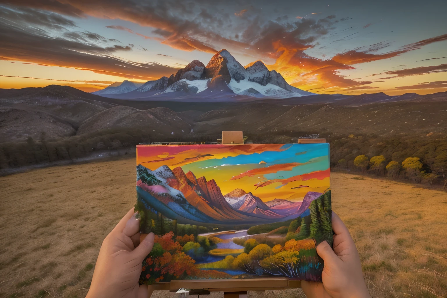 The vibrant hues of a majestic sunrise evoke a sense of awe at a national park. The sky is painted in hues of fiery red and golden yellows, casting a warm glow over the landscape. In the foreground, a silhouette of the iconic mountains is depicted, standing tall and proud against the colorful sky. This stunning image, whether a painting or a photograph, captivates viewers with its vivid colors and stunning detail. Every brushstroke or pixel is executed with exquisite precision, creating a masterpiece that showcases the natural beauty of the park in all its glory.