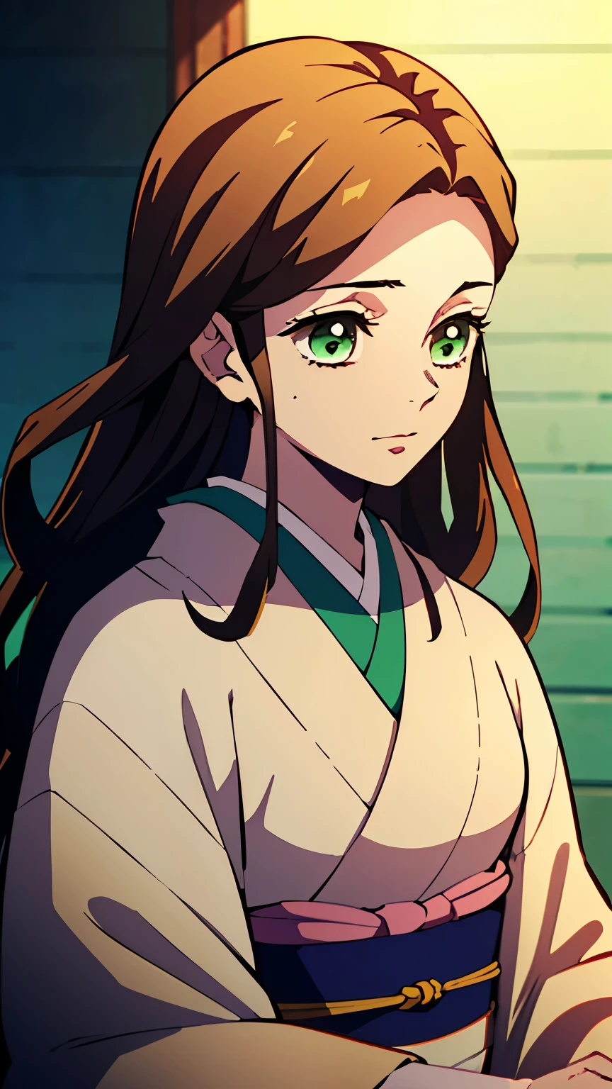 (best quality,highres:1.2),ultra-detailed,photo-realistic:1.37,kimetsu no yaiba style,(female:1.1),(beautiful:1.1) lady with long flowing brown hair,(green:1.1),(soft:1.1),(bright:1.1) eyes. Kimono beige sencillo.