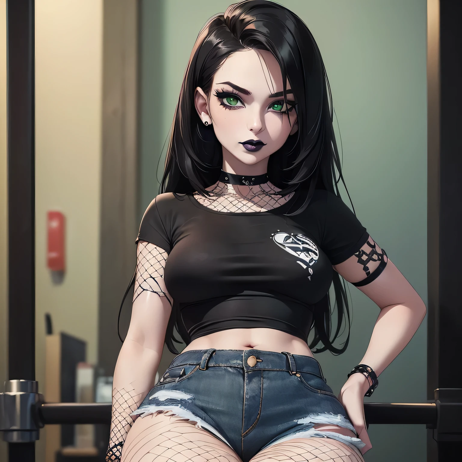 ((Masterpiece)) ((Portrait)) ((Young Woman)) ((Beautiful)) ((Punk Style)) ((Small Breasts)) ((Thick Thighs)) ((Black Hair)) ((Long Hair)) ((Green Eyes)) ((Pale Skin)) ((Black tee shirt over fishnet shirt)) ((Ripped jeans)) ((Choker)) ((Black Lipstick)) ((Full lips)) ((Button Nose))