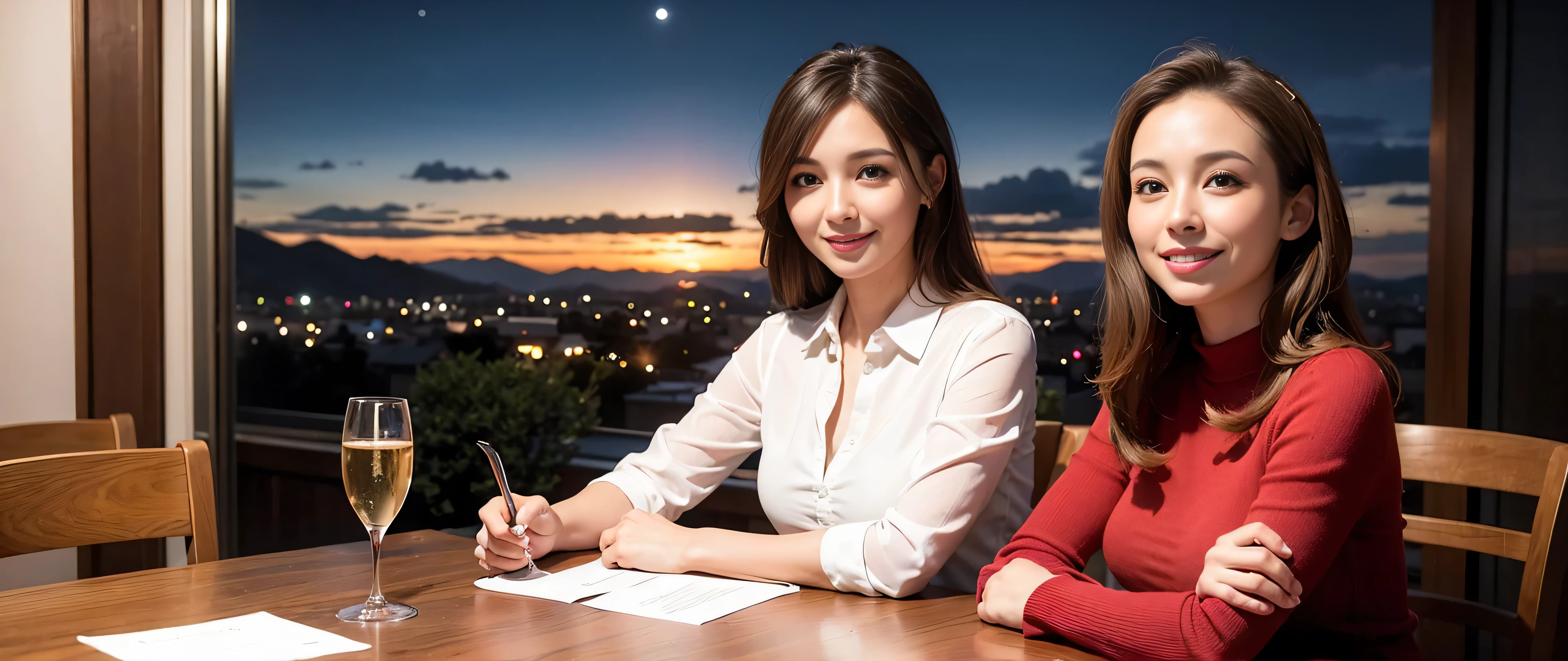 64k, Hmm, highest quality, masterpiece: 1.2), (realistic, photorealistic: 1.37), Spectacular view of the sunset sky and clouds、Amazing mountain views、3 slim beauties, (slim face),Happy、 the best smile、Fox face、Berry Short、(because I'thin), (brown hair), (shortcut), long sleeve shirt、winter fashion、Colombian、Brazilian、Japanese、Dutch、German、Portuguese、Belgian、Italian、French,Champagne、sparkling wine、 (squirt), (slim body), (brown hair), (shortcut), neat beauty、cheeks turn a little red, (42 years old), 38 years old, alone, A beautiful and detailed night view spreads out outside the window....., restaurant, wine glass is sitting, At night, in a prominent place (from the Upper body) nova frog style, actress, model, Upper body, White wine, slim, wine glass, Very beautiful night view, wine glass Put in the Middle, Happy smile, (smile: 1.15),