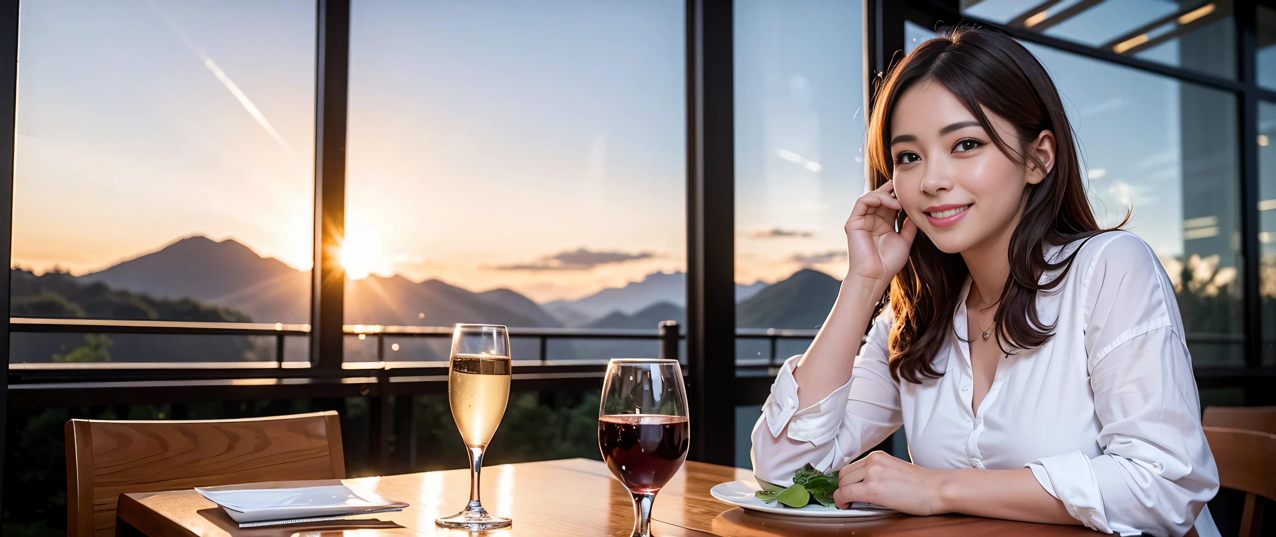 64k, Hmm, highest quality, masterpiece: 1.2), (realistic, photorealistic: 1.37), Spectacular view of the sunset sky and clouds、Amazing mountain views、3 slim beauties, (slim face),Happy、 the best smile、Fox face、Berry Short、(because I'thin), (brown hair), (shortcut), long sleeve shirt、winter fashion、Colombian、Brazilian、Japanese、Dutch、German、Portuguese、Belgian、Italian、French,Champagne、sparkling wine、 (squirt), (slim body), (brown hair), (shortcut), neat beauty、cheeks turn a little red, (42 years old), 38 years old, alone, A beautiful and detailed night view spreads out outside the window....., restaurant, wine glass is sitting, At night, in a prominent place (from the Upper body) nova frog style, actress, model, Upper body, White wine, slim, wine glass, Very beautiful night view, wine glass Put in the Middle, Happy smile, (smile: 1.15),