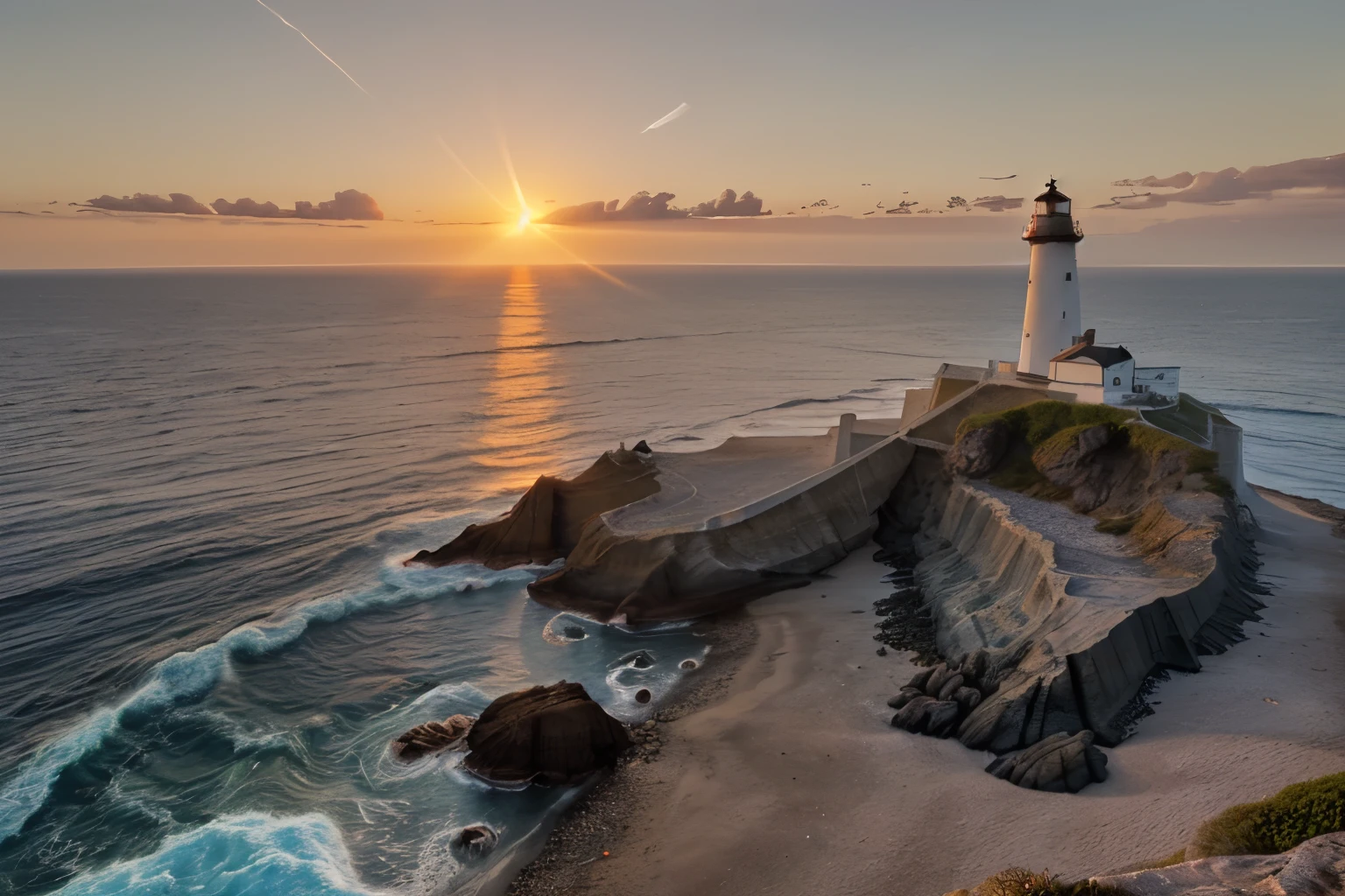 Sunrise at a lighthouse by the sea