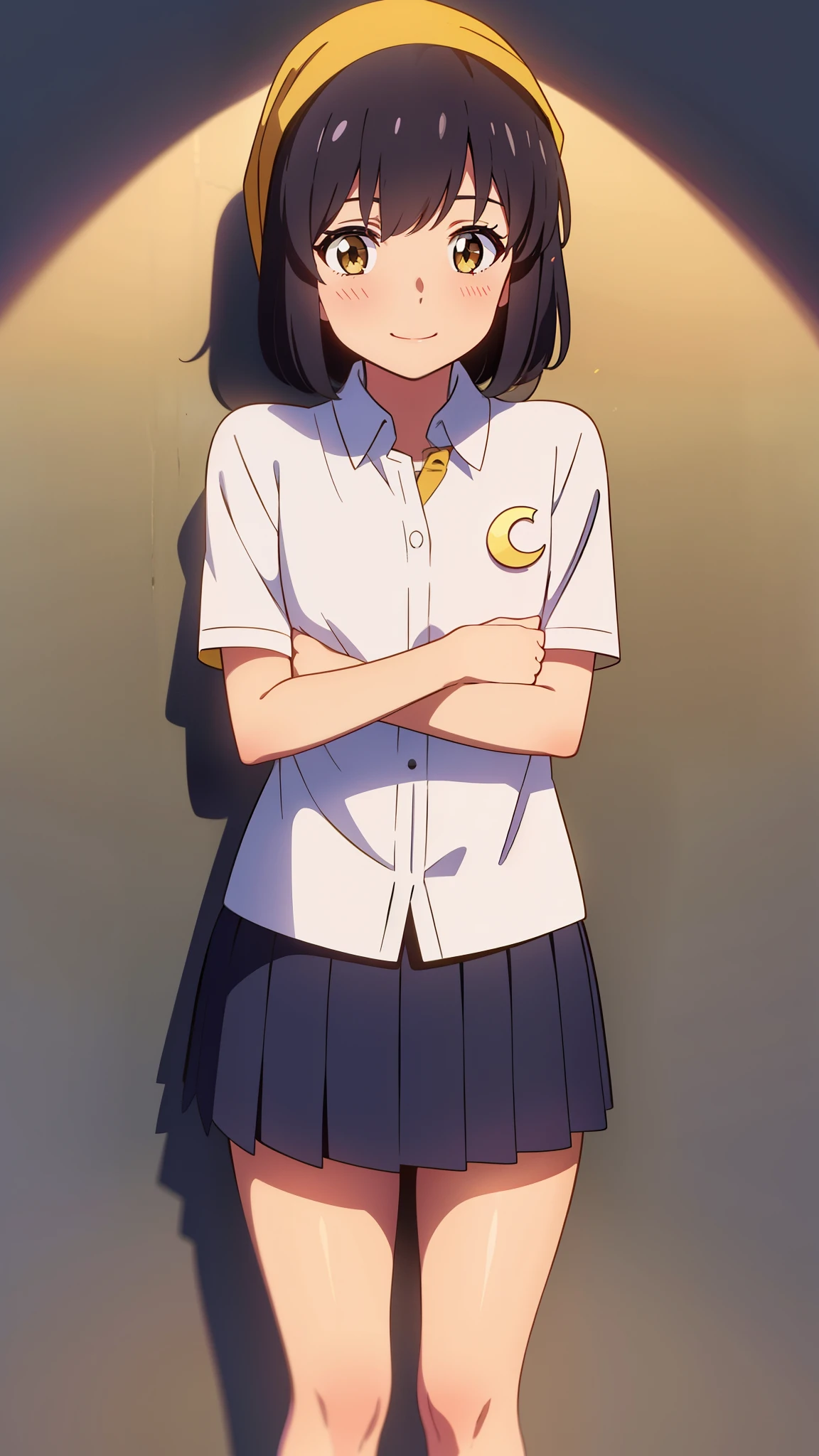 shinkai makoto, kimi no na wa., 1girl, bangs, black hair, blush, round eyes, bright eyes, brown eyes, red bow, short hair, shinny hair, smile, cute, beautiful, shiny skin, looking at the viewer, solo, cute girl, muslimah, muslim uniform, collarbone, white shirt, hijab, school uniform, short sleeves, yellow Crescent, Crescent background