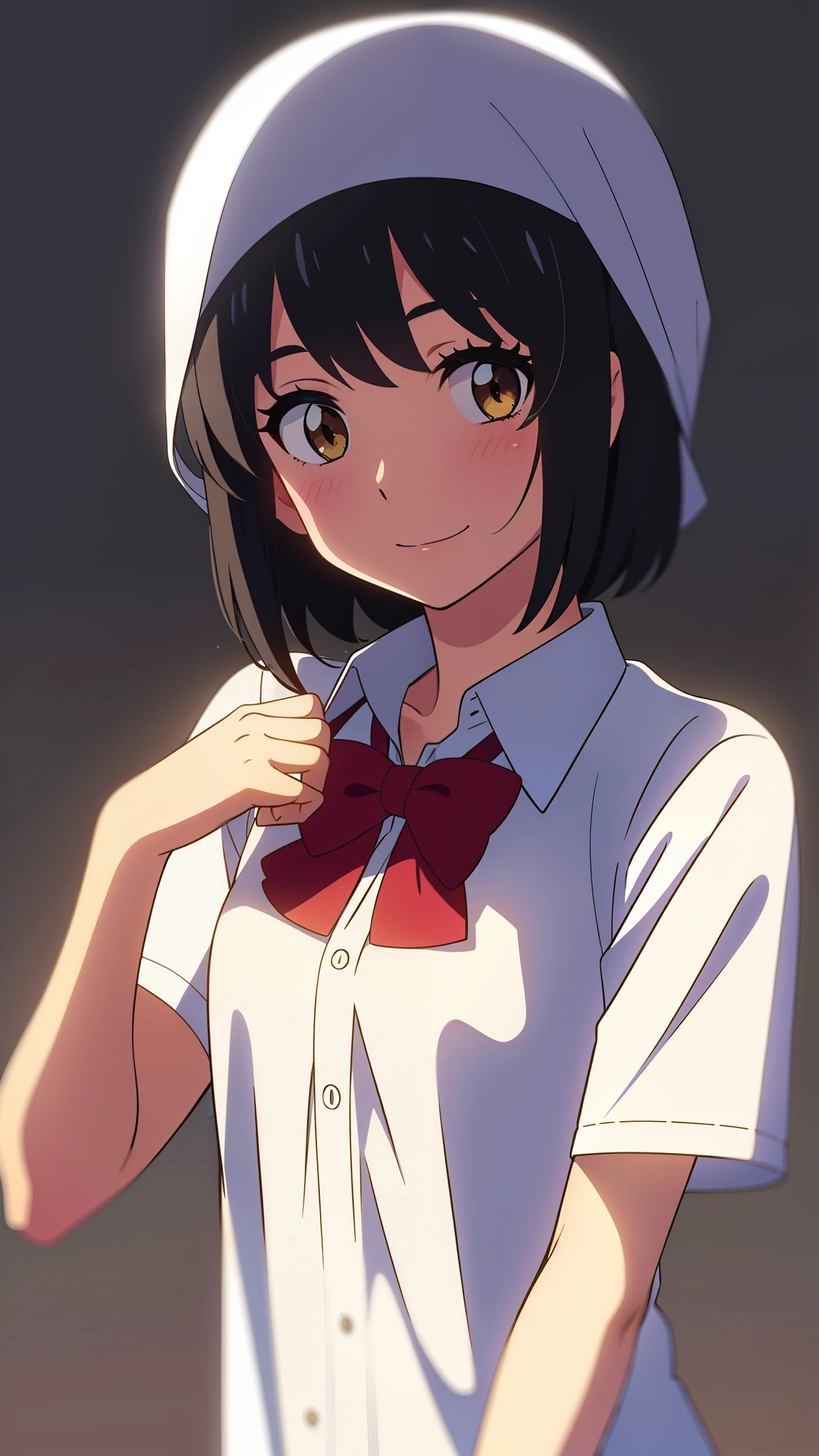 shinkai makoto, kimi no na wa., 1girl, bangs, black hair, blush, round eyes, bright eyes, brown eyes, red bow, short hair, shinny hair, smile, cute, beautiful, shiny skin, looking at the viewer, solo, cute girl, muslimah, muslim uniform, collarbone, white shirt, hijab, school uniform, short sleeves, yellow Crescent, Crescent background