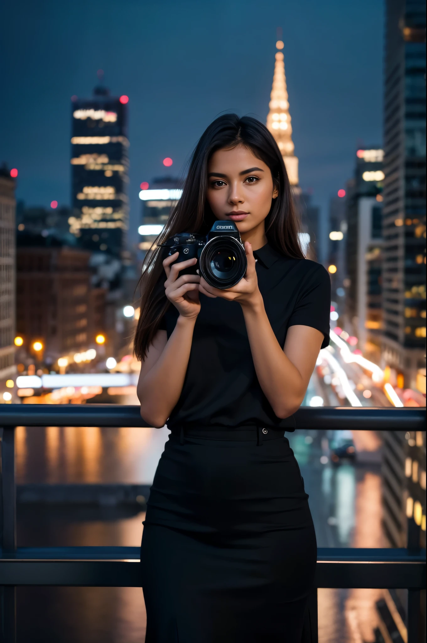 masterpiece, best quality, extremely detailed, hyperrealistic, photorealistic, a beautiful photographer, holding a camera with both hands, taking a photo, city, night