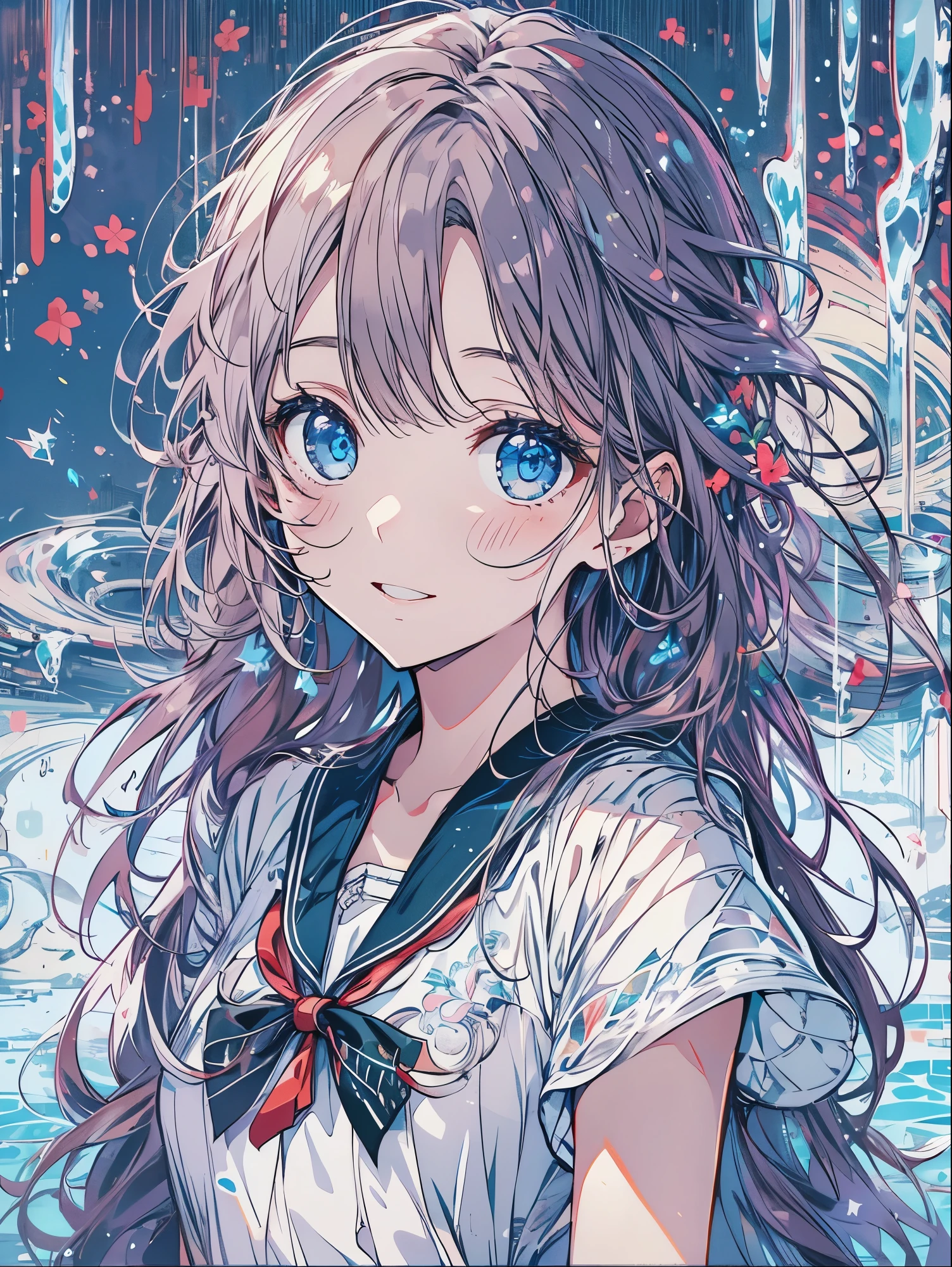 8K resolution, ((highest quality)), ((masterpiece)), ((super detailed)), (very delicate and beautiful), with a girl, solo, gentle expression, she is very(relax)with(Calm)Appearance, water色の髪, Depth of the bounds written, bright smile, young expression, 明るいwater色の目, 美しいwater色の髪, beautiful background, long hair, linear art, cute sailor suit, marine style, Eyes that shine like sapphires, upper eye, wonderful eyes, water, water海, water滴が舞っている, Upper body
