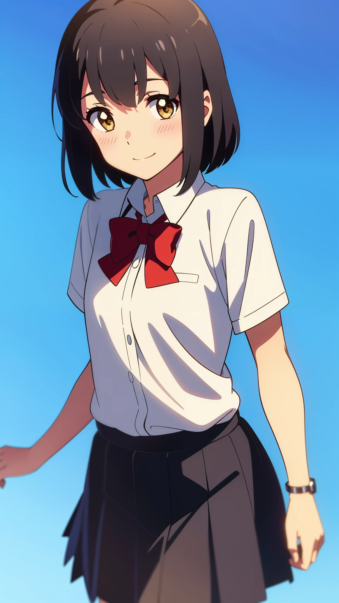 shinkai makoto, kimi no na wa., 1girl, bangs, black hair, blush, round eyes, bright eyes, brown eyes, red bow, short hair, shinny hair, smile, cute, beautiful, shiny skin, looking at the viewer, solo, cute girl, muslimah, muslim uniform, collarbone, white shirt, hijab, school uniform, short sleeves, yellow Crescent, Crescent background