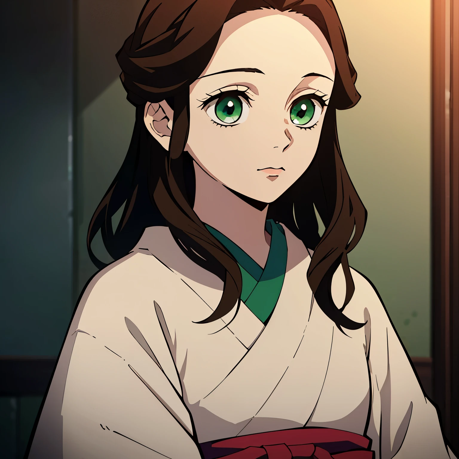 (best quality,highres:1.2),ultra-detailed,photo-realistic:1.37,kimetsu no yaiba style,(female:1.1),(beautiful:1.1) lady 19 years old with long flowing brown hair,(green:1.1),(soft:1.1),(bright:1.1) eyes. Kimono beige sencillo. Fondo floreado. 