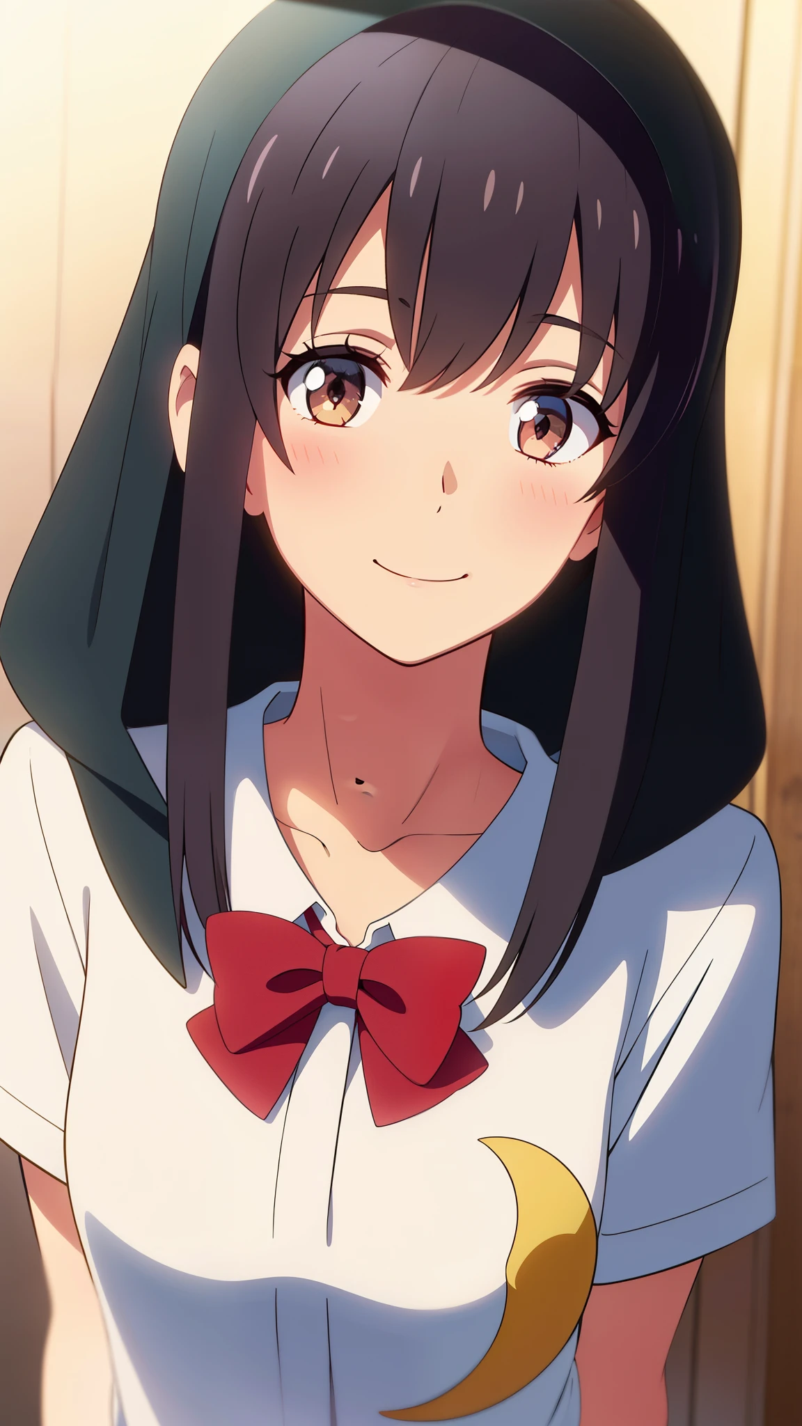 shinkai makoto, kimi no na wa., 1girl, bangs, black hair, blush, round eyes, bright eyes, brown eyes, red bow, short hair, shinny hair, smile, cute, beautiful, shiny skin, looking at the viewer, solo, cute girl, muslimah, muslim uniform, collarbone, white shirt, hijab, school uniform, short sleeves, Crescent, Crescent background