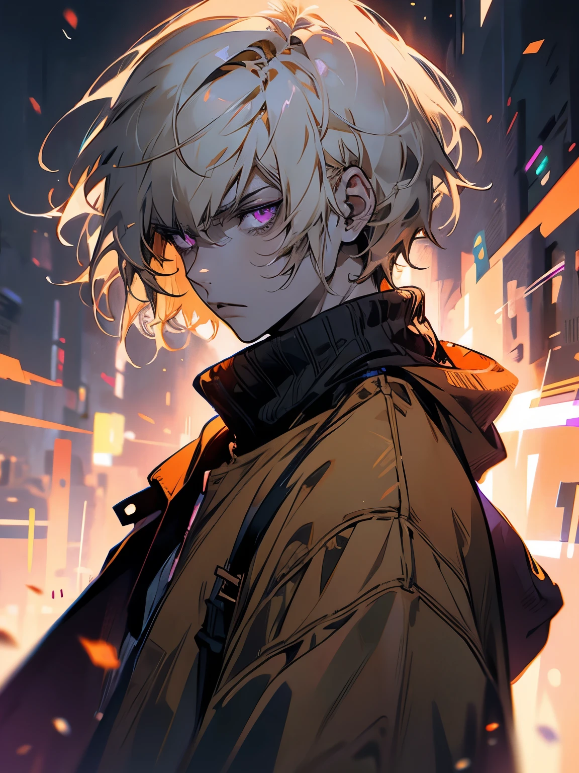 hight resolution, close range, male, anime boy, Masterpiece, light orange, short hair with bangs, light purple eyes, tan sweater, white hood, Straight face, Diagonal angle