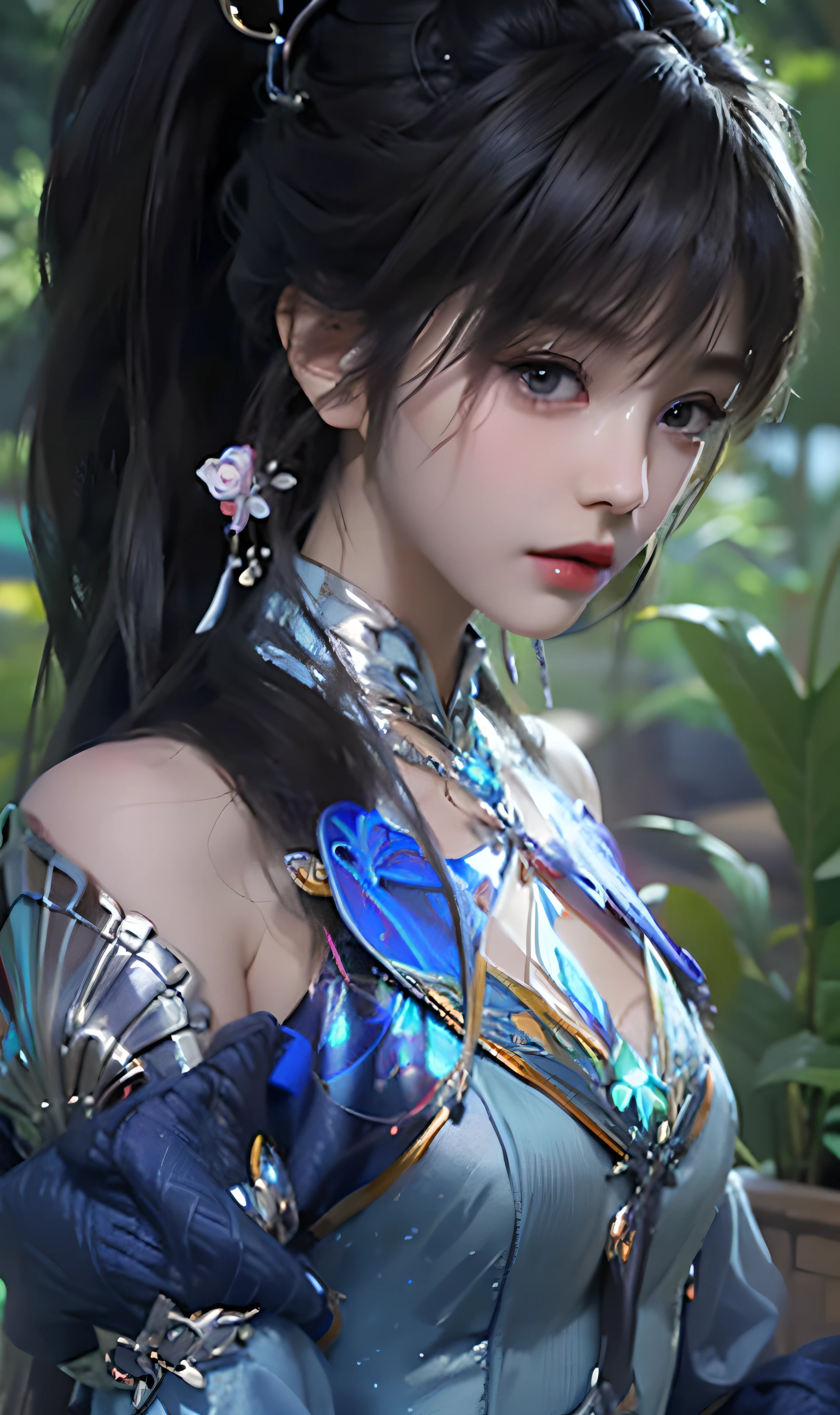 a close up of a woman with a blue dress and a blue jacket, Game CG, Smooth anime CG art, inspired by Li Mei-shu, close up character, 3 d anime realistic, 4 K detail fantasy, photorealistic anime girl rendering, Yun Ling, 8 k uhd character details, anime cgi, Art germ ; 3d unreal engine