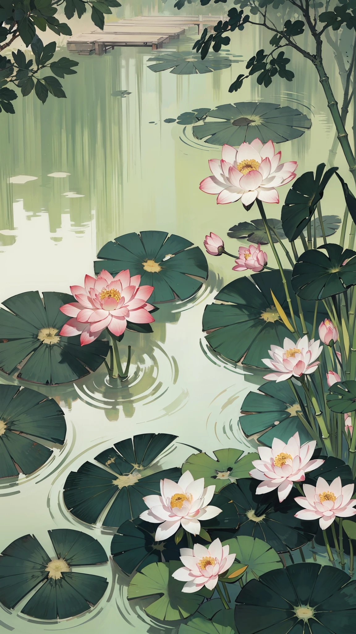 ((best quality, masterpiece: 1.2)), CG, 8k, intricate details, perspective, (no one around), (Ancient Chinese gardens), pond filled with lotus flowers, rock, flowers, bamboo forest, Fall, wooded areas, Small bridge across gurgling stream, detailed foliage and flowers, (the sun shines, Sparkling waves), Peaceful and tranquil atmosphere, ((Soft and elegant colors)), ((Finely crafted compositions))