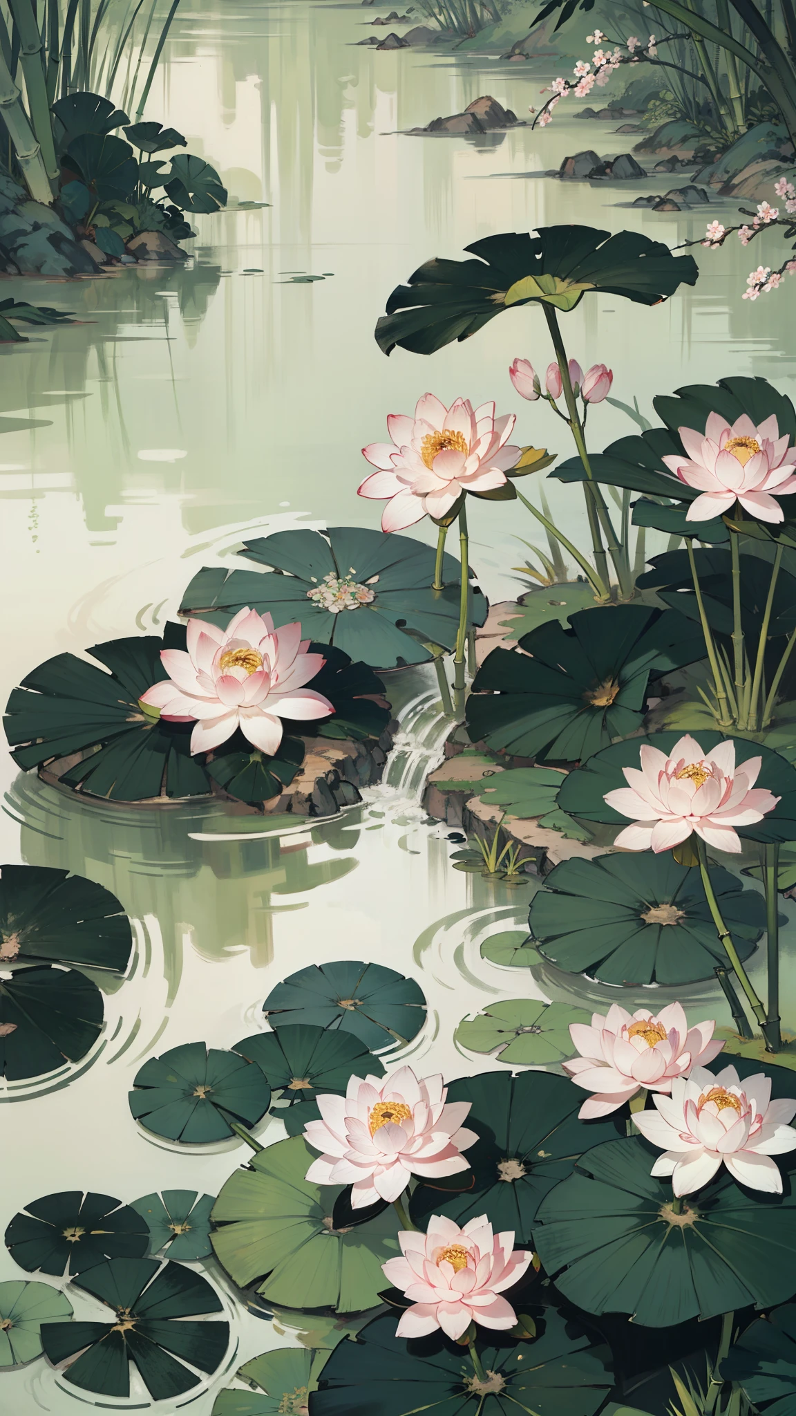((best quality, masterpiece: 1.2)), CG, 8k, intricate details, perspective, (no one around), (Ancient Chinese gardens), pond filled with lotus flowers, rock, flowers, bamboo forest, Fall, wooded areas, Small bridge across gurgling stream, detailed foliage and flowers, (the sun shines, Sparkling waves), Peaceful and tranquil atmosphere, ((Soft and elegant colors)), ((Finely crafted compositions))