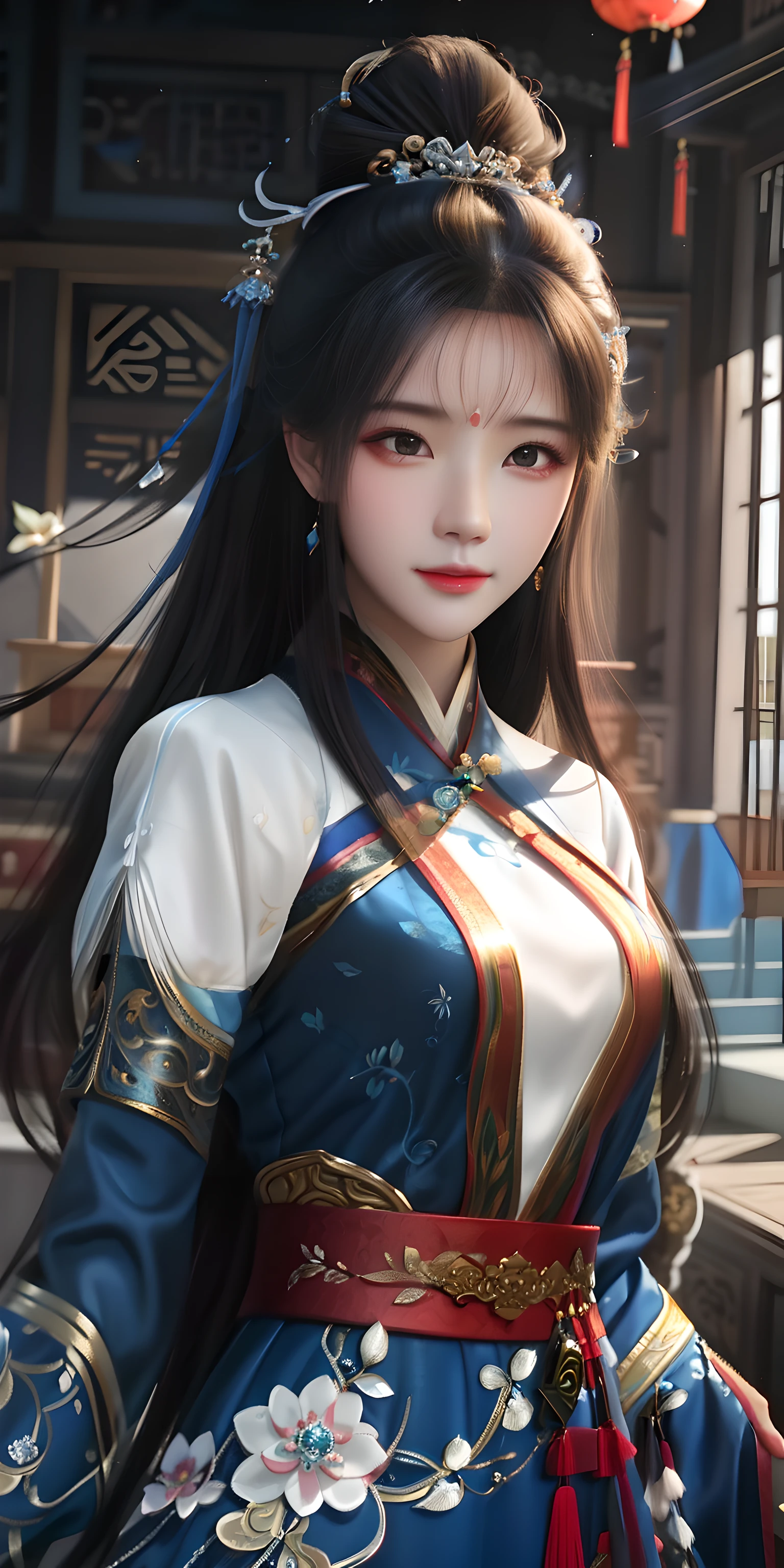 In the room stood a woman wearing a blue and white dress, beautiful figure painting, author:Yang Jie, palace , A girl wearing Hanfu, Chinese girl, Inspired by Du Qiong, Gurwitz, Gurwitz-style artwork, Inspired by Wu Bin, actual. Cheng Yi, author:Fan Qi, beautiful fantasy queen, Inspired by Lan Ying