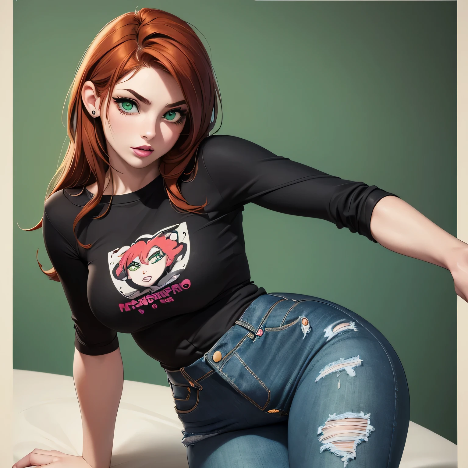 ((Masterpiece)) ((Portrait)) ((Young Woman)) ((Beautiful)) ((Punk Style)) ((Small Breasts)) ((Thick Thighs)) ((Auburn Hair)) ((Pale Skin)) ((Button Nose)) ((Green Eyes)) ((Full Lips)) ((black tee shirt)) ((Tight Jeans)) ((Geeky Style))
