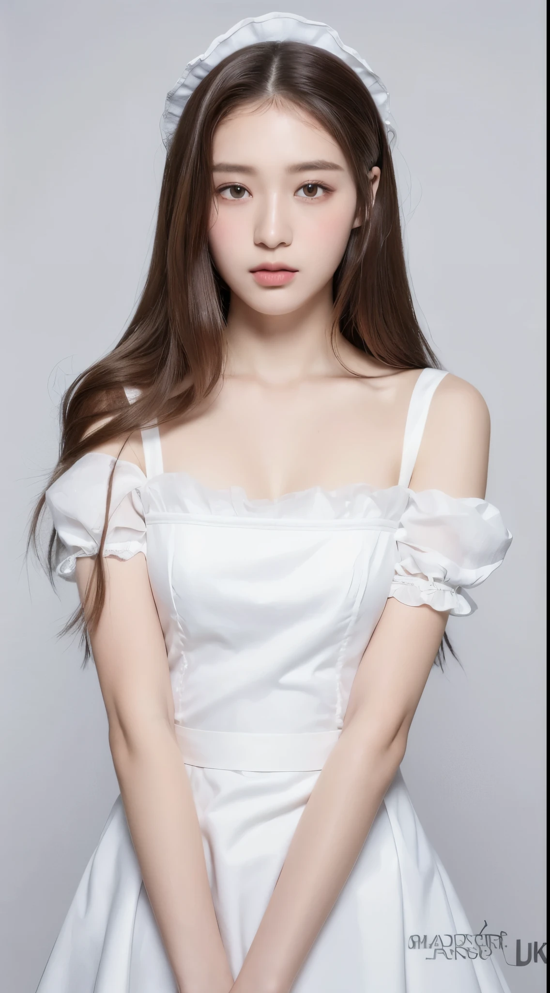 ((highest quality, 8k, masterpiece: 1.3)), sharp: 1.2, perfect body beauty: 1.4, Maid clothes: 1.2, ((long hair: 1.2)), (white background: 1.2), Highly detailed face and skin texture, fine eyes, double eyelid, Frontal face looking at the camera, 17 years old, long bob hair, 