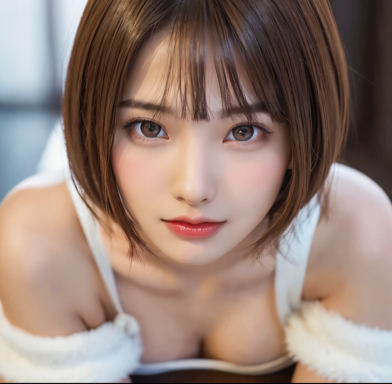 ((Photo from thighs up:1.6))、(highest quality、table top、8k、best image quality、Award-winning work)、(one young girl, :1.3)、(Completely naked, wearing only a large tank top:1.5)、(red eyeshadow:1.2)、perfect makeup、long eyelashes、Super high-definition sparkling eyes、ultra high definition hair、ultra high resolution glossy lips、Super high resolution perfect teeth、Super high resolution cute face、bright brown hair:1.4、(very short straight hair:1.1)、look at me and smile、[clavicle]、accurate anatomy、(close up of face:1.5)、Luxury love hotel、(The most moody warm lighting:1.2)、blurred background、With bangs、Super high-resolution glossy and moisturized face、Super high-resolution glowing skin、most detailed face、Ultra high resolution detailed faces、ultra high resolution hair、Super high resolution sparkling eyes、Beautiful face drawn in every detail、Super high resolution glossy red lips