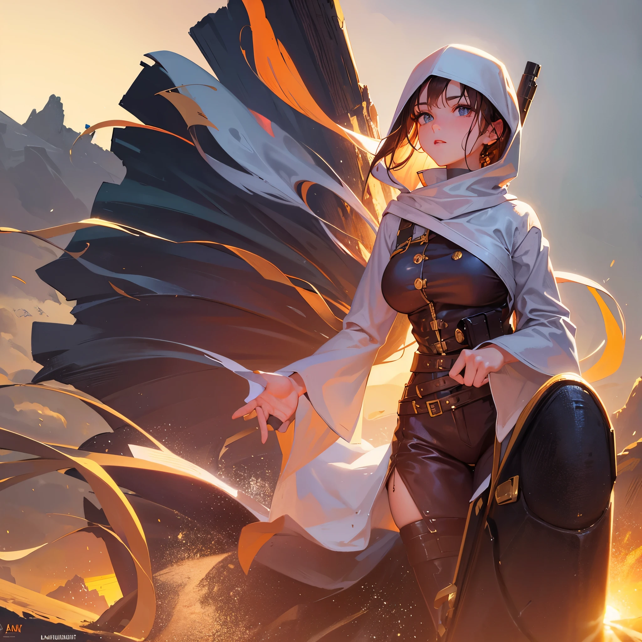 A (rugged man resembling Clint Eastwood, wild west gunslinger dressed in white), (busty malaysian gunslinger, age 20 immensely busty, hijab no hair showing), old west town sunset, (best quality,4k,8k,highres,masterpiece:1.2), ultra-detailed, (realistic,photorealistic,photo-realistic:1.37), HDR, UHD, studio lighting, ultra-fine painting, sharp focus, physically-based rendering, extreme detail description, professional, vivid colors, bokeh, portraits, landscape, horror, anime, sci-fi, photography, concept artists, warm color palette, golden-hour lighting
