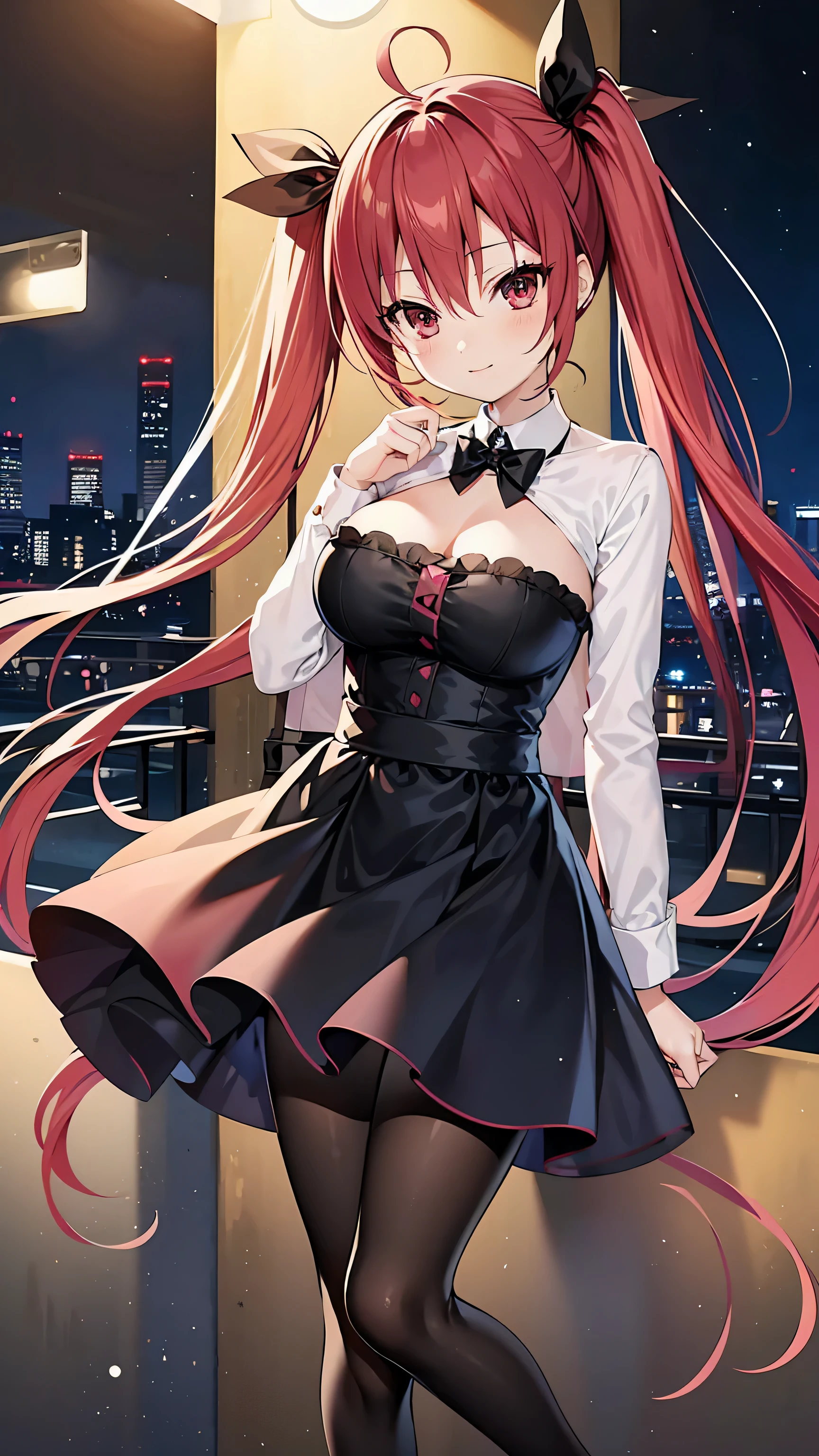 anime girl, lonely, red hair, big breasts, gothic dress, elegant black dress, black skirt, tights, heels, city, night, streetlights, lights, tokyo