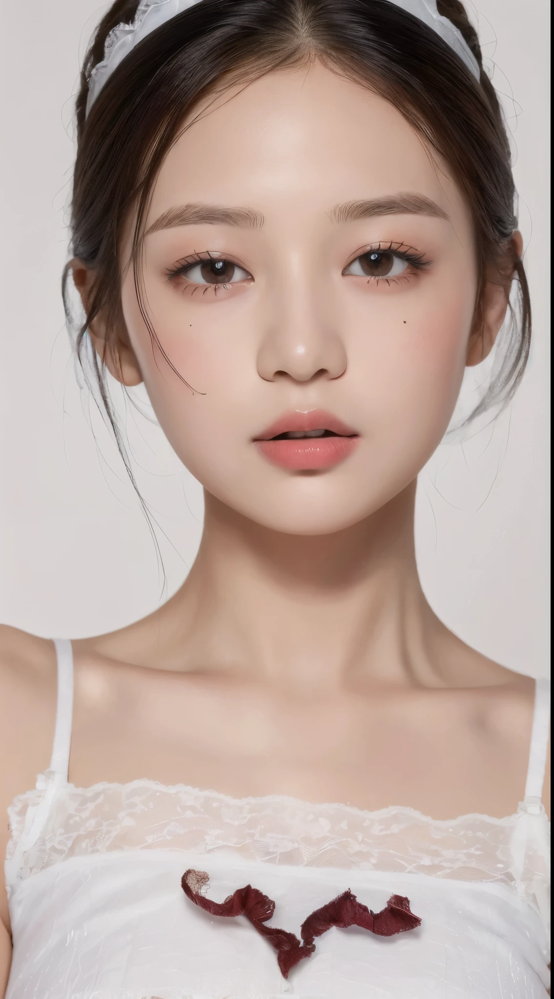 ((highest quality, 8k, masterpiece: 1.3)), sharp: 1.2,  (Maid clothes:1.2), ((bob hair: 1.2)), (white background: 1.2), Highly detailed face and skin texture, fine eyes, double eyelid, Frontal face looking at the camera, 13 years old,  cheek, baby face, lipstick,