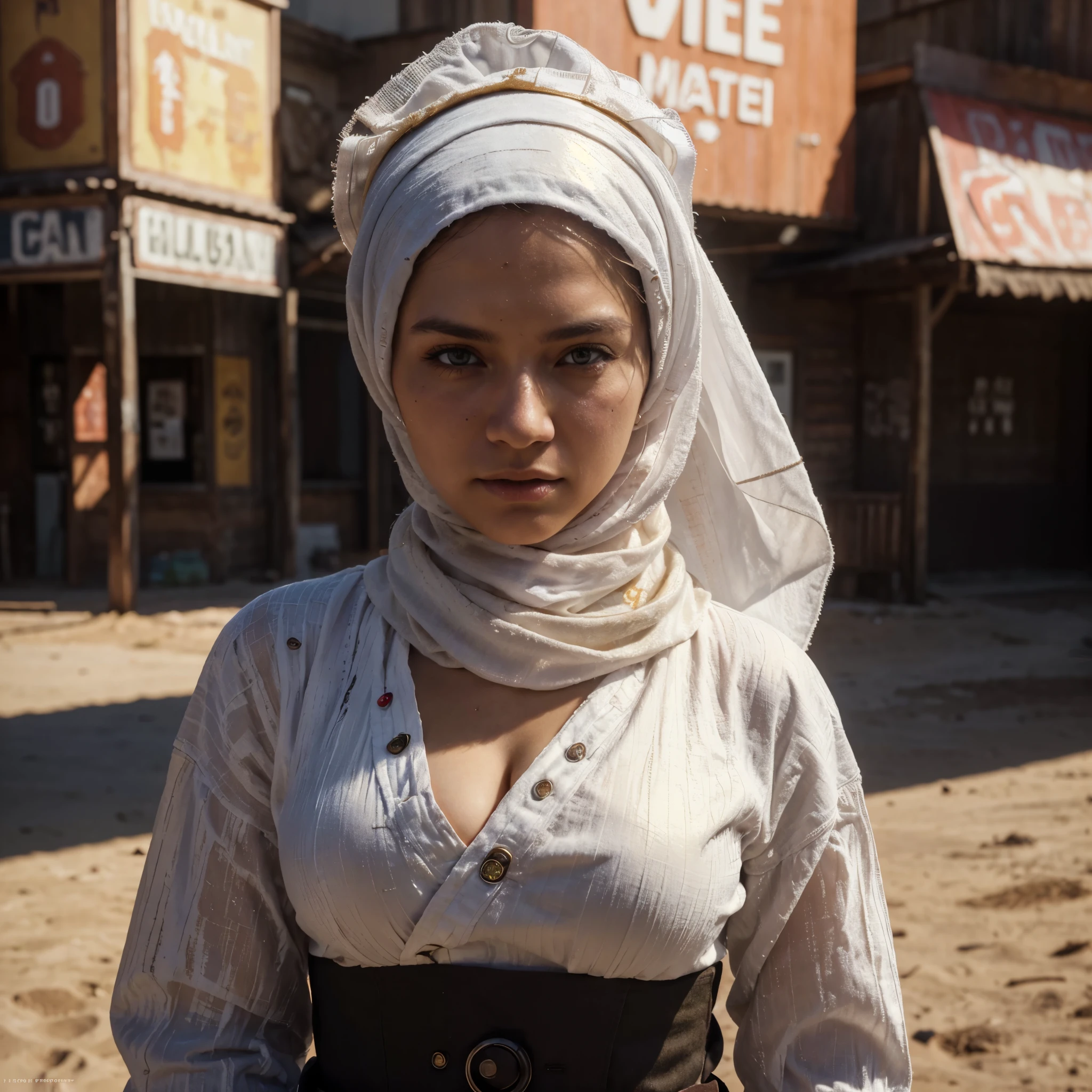 A (rugged man resembling Clint Eastwood, wild west gunslinger dressed in white), (busty malaysian gunslinger, age 20 immensely busty, hijab no hair showing), old west town sunset, (best quality,4k,8k,highres,masterpiece:1.2), ultra-detailed, (realistic,photorealistic,photo-realistic:1.37), HDR, UHD, studio lighting, ultra-fine painting, sharp focus, physically-based rendering, extreme detail description, professional, vivid colors, bokeh, portraits, landscape, horror, anime, sci-fi, photography, concept artists, warm color palette, golden-hour lighting