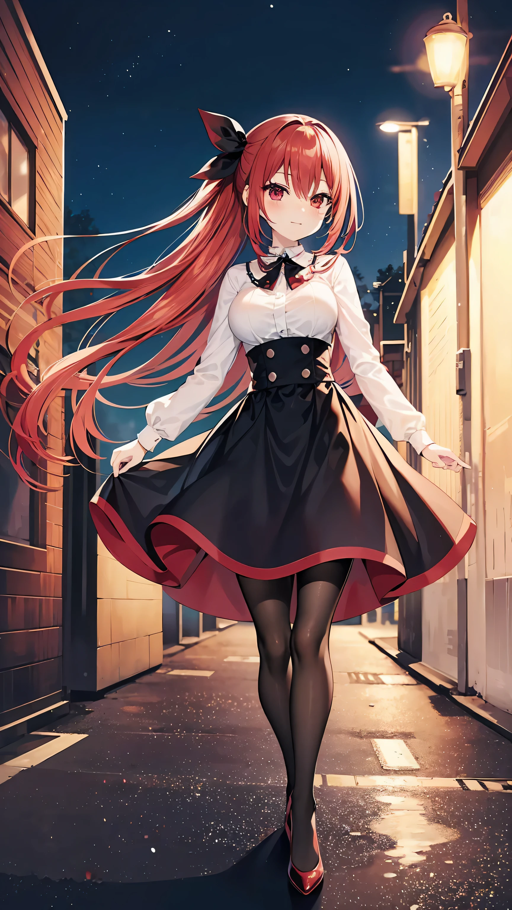 anime girl, lonely, red hair, big breasts, gothic dress, elegant black dress, black skirt, tights, heels, city, night, streetlights, lights, tokyo