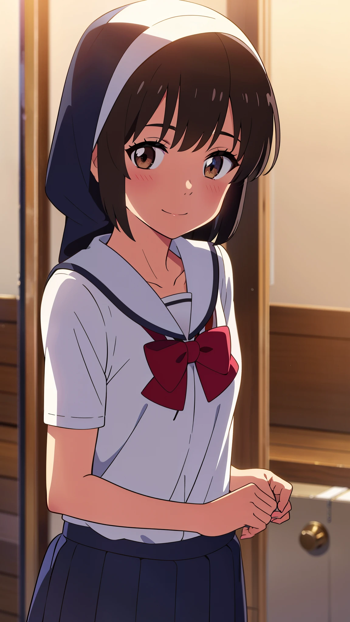 shinkai makoto, kimi no na wa., 1girl, bangs, black hair, blush, round eyes, bright eyes, brown eyes, red bow, muslimah, wearing hijab, smile, cute, beautiful, shiny skin, looking at the viewer, solo, cute girl, muslim uniform, collarbone, white shirt, school uniform, short sleeves, long skirt, Crescent, Crescent background
