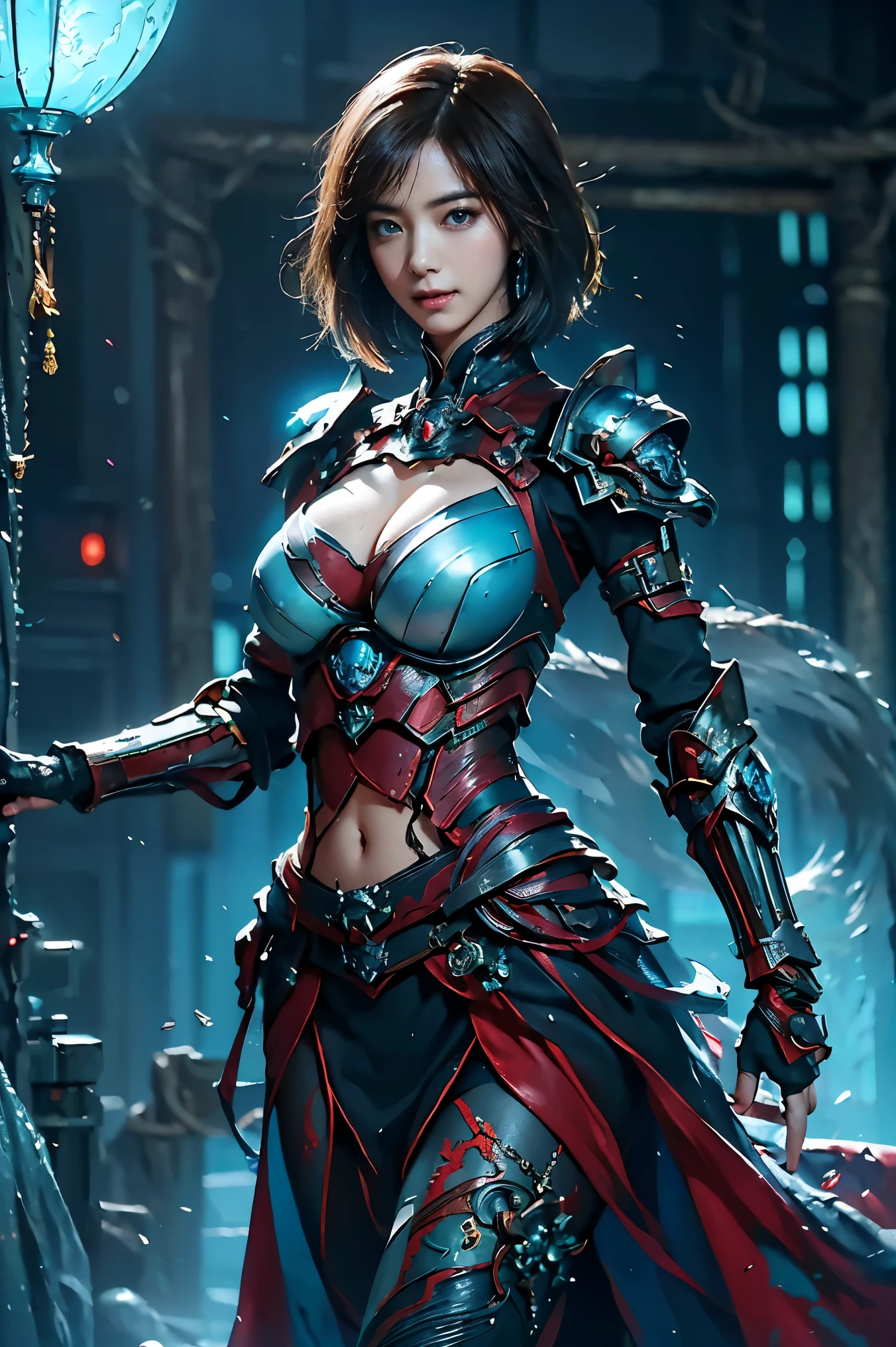 ((Best quality, 8k, RAW photo, Masterpiece :1.3)), (realistic、Photoreal:1.37)、Super detailed、super high resolution, (professional lighting), alone, 1 woman, solo, see the beholder, (30 years old), , beautiful and detailed face, happy smile, narrow, shining eyes, (slim waist :1.3), Fine and beautiful skin, skin texture, professional lighting, as a whole human body,(Combination of cyberpunk and fantasy style),(female soldier),25 year old woman,Japanese、(short bob hair, brown hair),(beautiful hair), brown eyes、small breasts,(red eye chest), accessories,finished the battle、smile,elegant and attractive,Calm,goddess、(Combining cyberpunk and fantasy style clothing,openwork design,joint armor),Feet exposed, Raw skin exposed in cleavage, Battle uniform navel pose,photo pose,realistic style,blue world background,oc rendering reflection texture,View Camera, ((sky seen from below:1.2)),((looking down:1.2)),looking at viewer, look at viewer, lighting forward , lighting front,