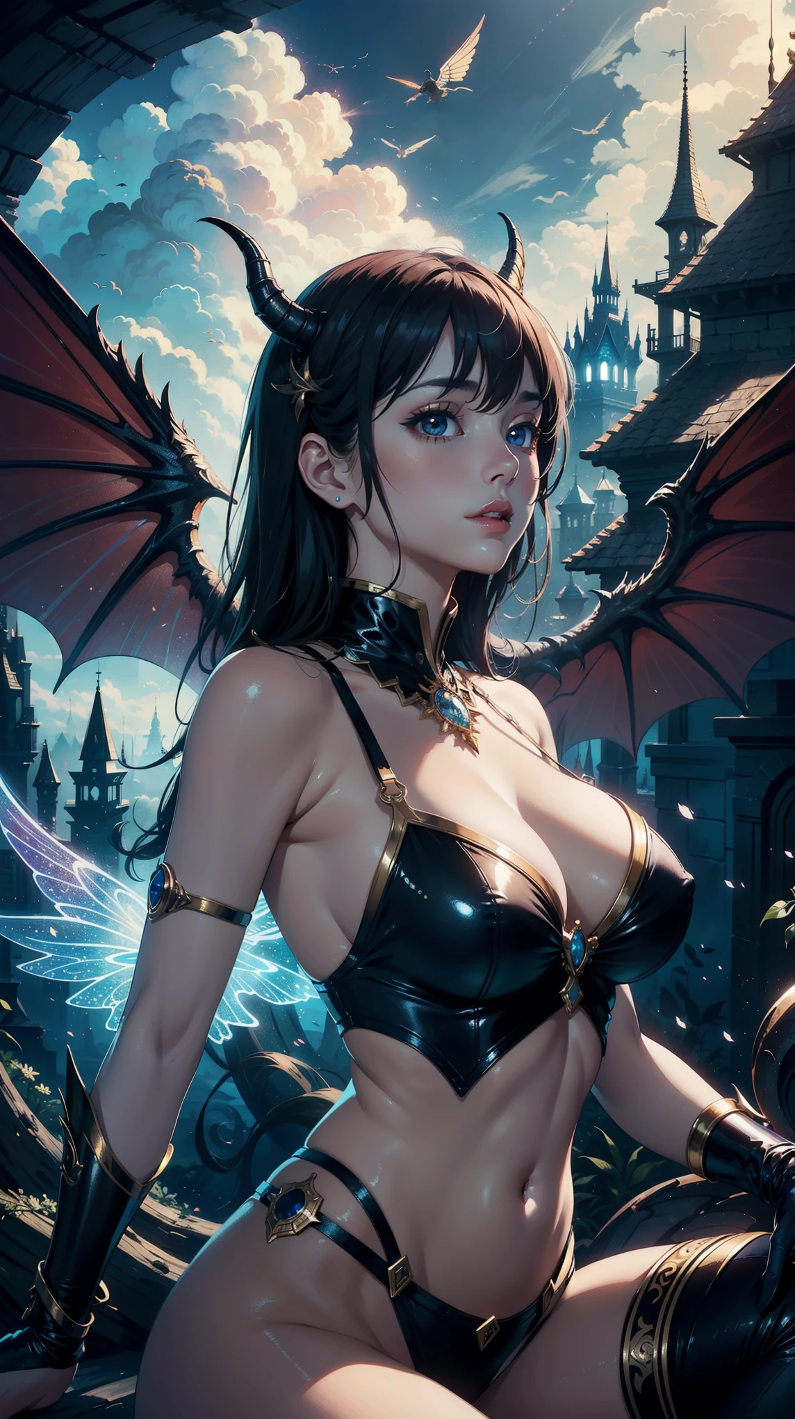 Masterpiece, high quality, 8k, ultra detail, dynamic angle, dynamic poses, (large breast), (cleavage), alluring succubus, ethereal beauty, perched on a cloud, (fantasy illustration:1.3), enchanting gaze, captivating pose, delicate wings, otherworldly charm, mystical