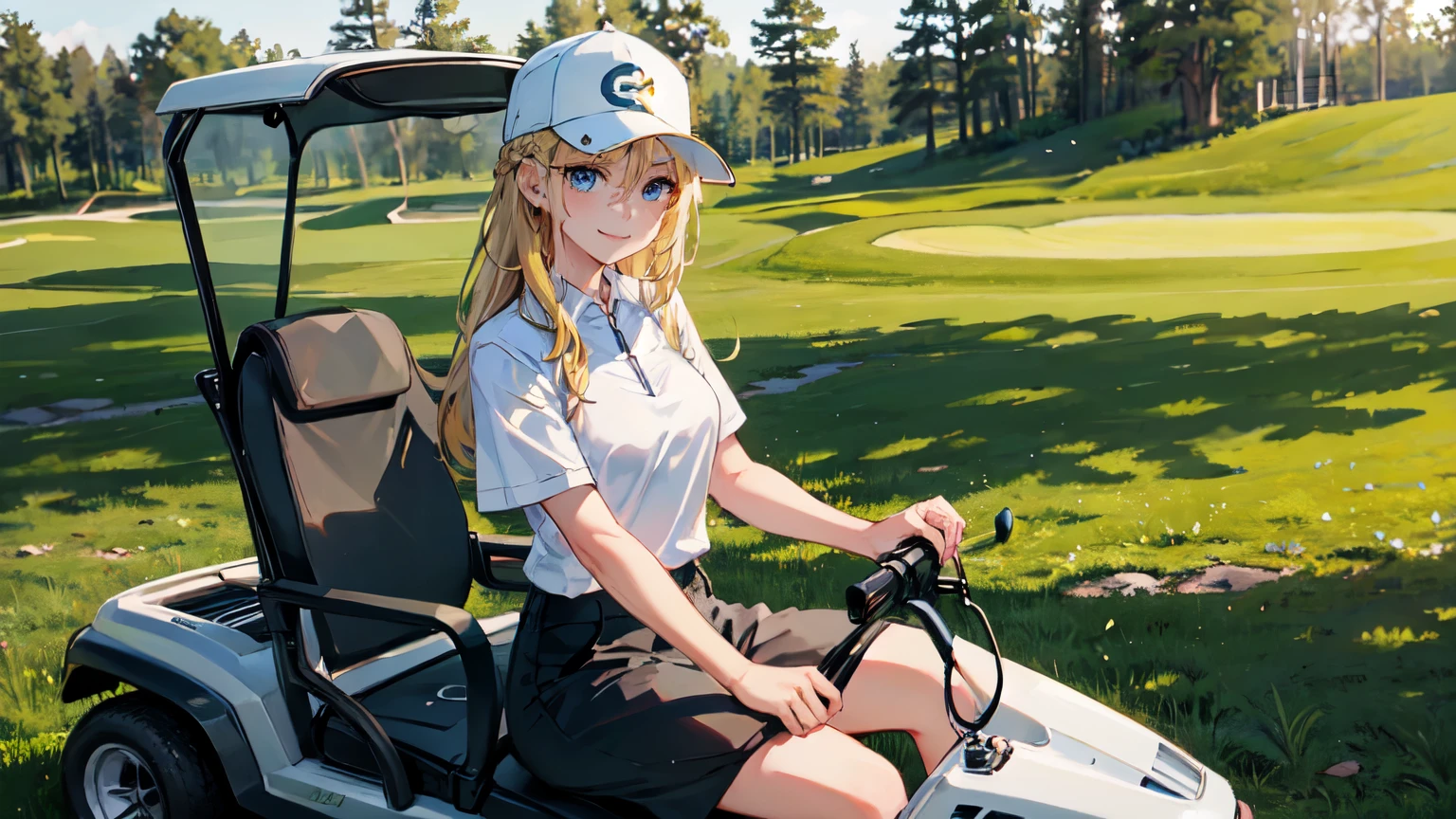 wearing golf_outfit, wearing golf_cap, golf field, golf cart background,, ultra detailed, masterpiece, best quality, aesthetic, detailed,, solo, soft smile, light smile,
1girl, blue eyes, very long hair, blonde hair, long blonde hair, french braid, bangs, large breasts,