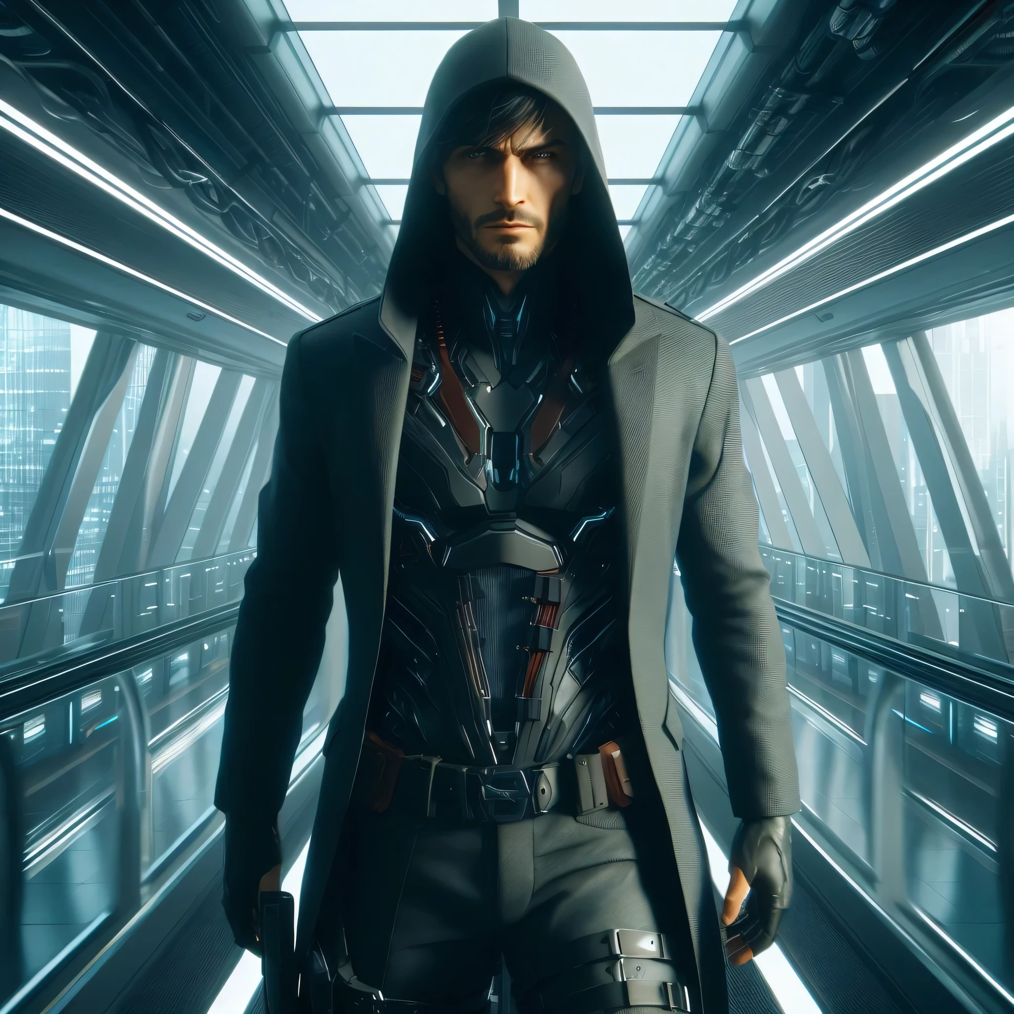a close up of a person in a suit and hoodie, style game square enix, wearing leather assassin armor, corvo attano, cyberpunk suit, cyberpunk assassin, unreal engine character art, stealth suit, square enix, cinematic full character, in batman : arkham knight, 2020 video game screenshot, cyberpunk fashion clothes, video game character, cyberpunk outfits