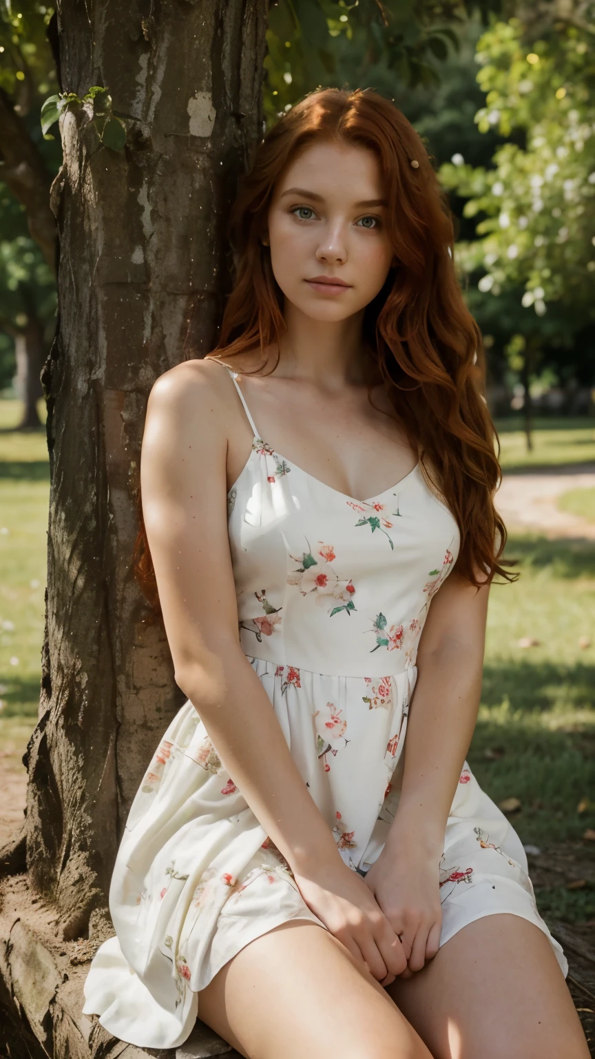 photograph, natural lighting, a beautiful woman around 20 years old with wavy red hair and green eyes, wearing a white floral dress, sitting under a tree, sharp focus, 8k, hdr, masterpiece, highest quality,