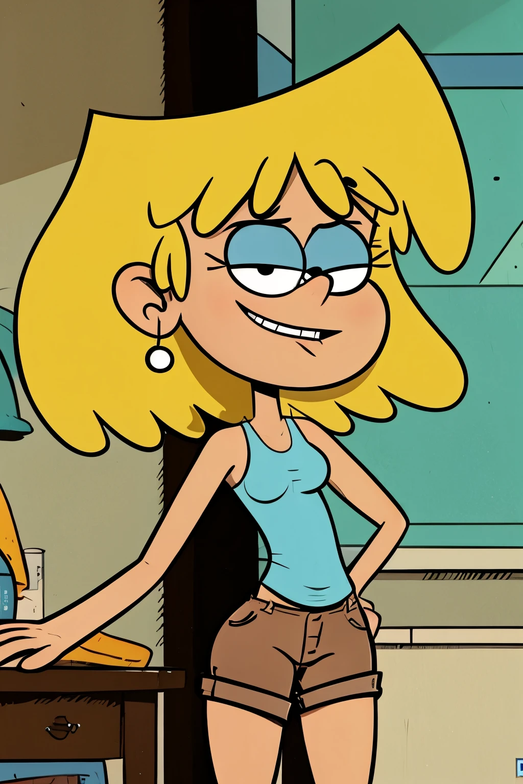 ""loriloud - blue tank top, brown shorts, posing for playboy magazine" Masterpiece, sexy cartonn, beautiful cartoon, insanely detailed and intricate, High quality, ray tracing, high coherence, deep focused image, realistic full-length photo, anatomically correct, short blond hair, sensual smile, perfect eyebrows, action pose, looking at viewer, in the loud house, hypermaximalist, sensual, provocative, beautiful, exotic, revealing, appealing, attractive, erotic, hyper-realistic, super detailed, perfect, masterpiece, popular on Flickr, published on March 19, 2018” FANTASY,VAMPIRO,ELFO,TERROR,COMICS,MANHUA,MANWHA,Mango,Science fiction,NOVEL,