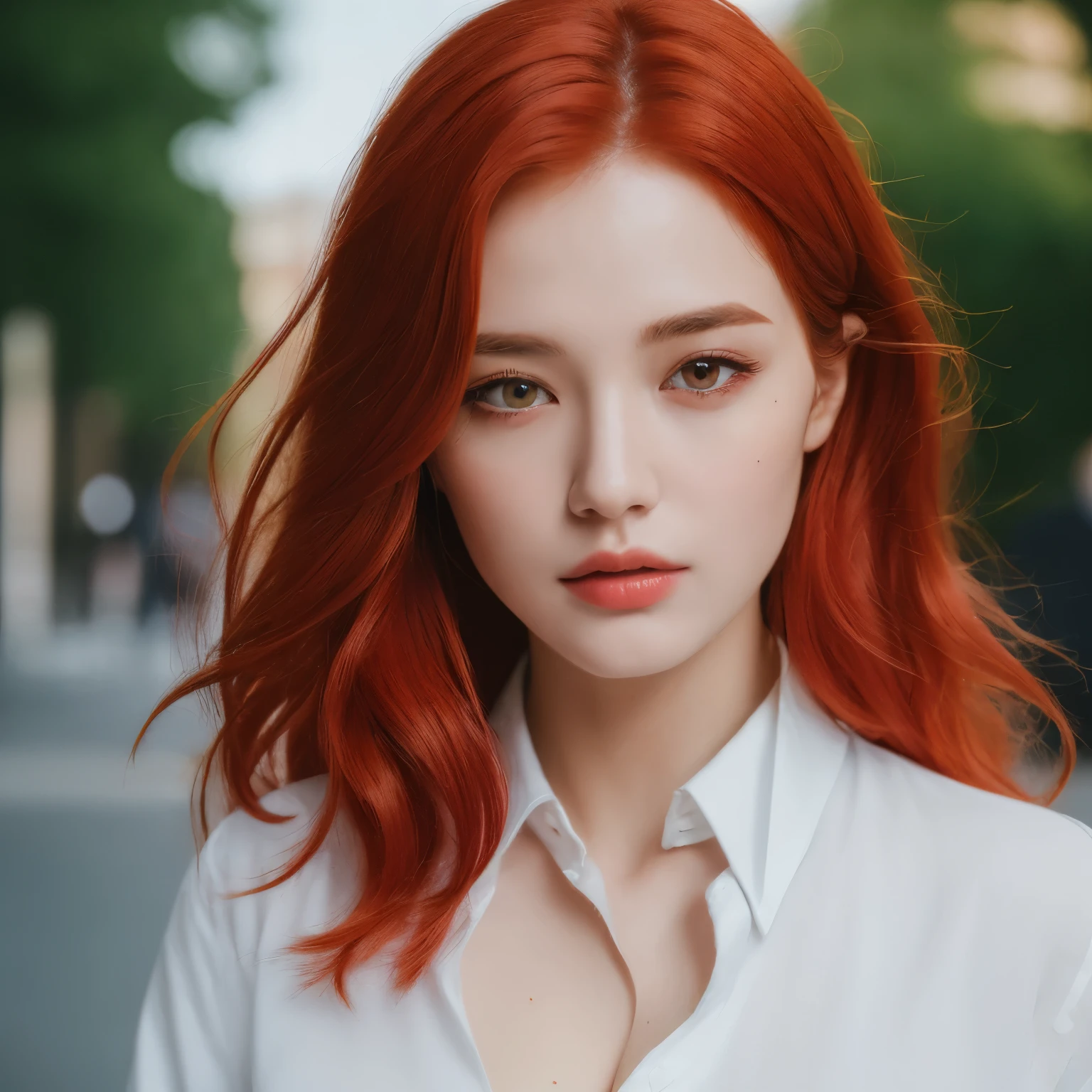 ((Best quality, 8k, Masterpiece :1.3)), Sharp focus :1.2, A beautiful Caucasian woman with perfect figure :1.4, Slender abs :1.2, ((Red hair, Big breasts :1.2)), (White button up long shirt :1.1), City street:1.2, Highly detailed face and skin texture, Detailed eyes, Double eyelid