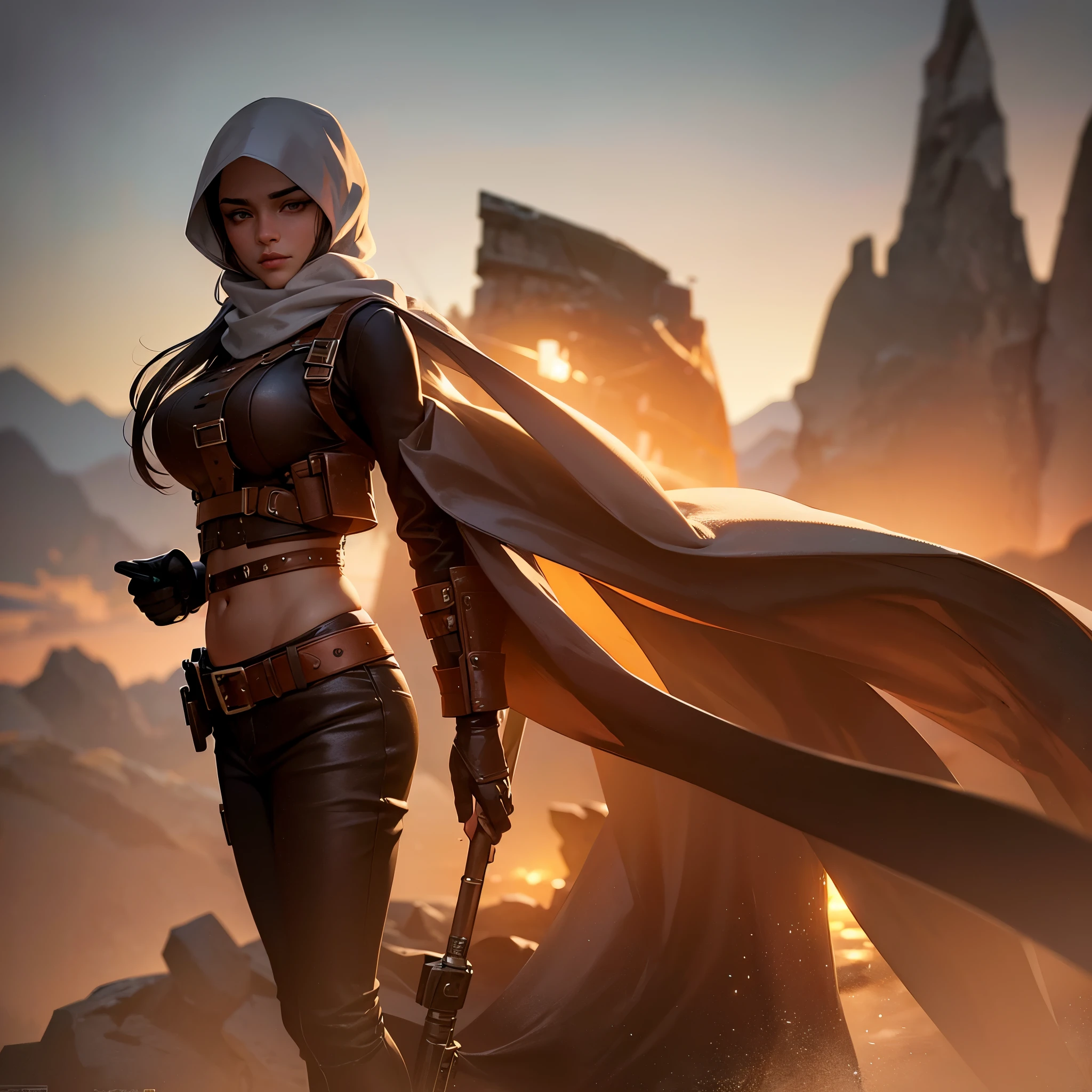 A (rugged man resembling Clint Eastwood, wild west gunslinger dressed in white), (busty malaysian gunslinger, age 20 immensely busty, hijab no hair showing), old west town sunset, (best quality,4k,8k,highres,masterpiece:1.2), ultra-detailed, (realistic,photorealistic,photo-realistic:1.37), HDR, UHD, studio lighting, ultra-fine painting, sharp focus, physically-based rendering, extreme detail description, professional, vivid colors, bokeh, portraits, landscape, horror, anime, sci-fi, photography, concept artists, warm color palette, golden-hour lighting