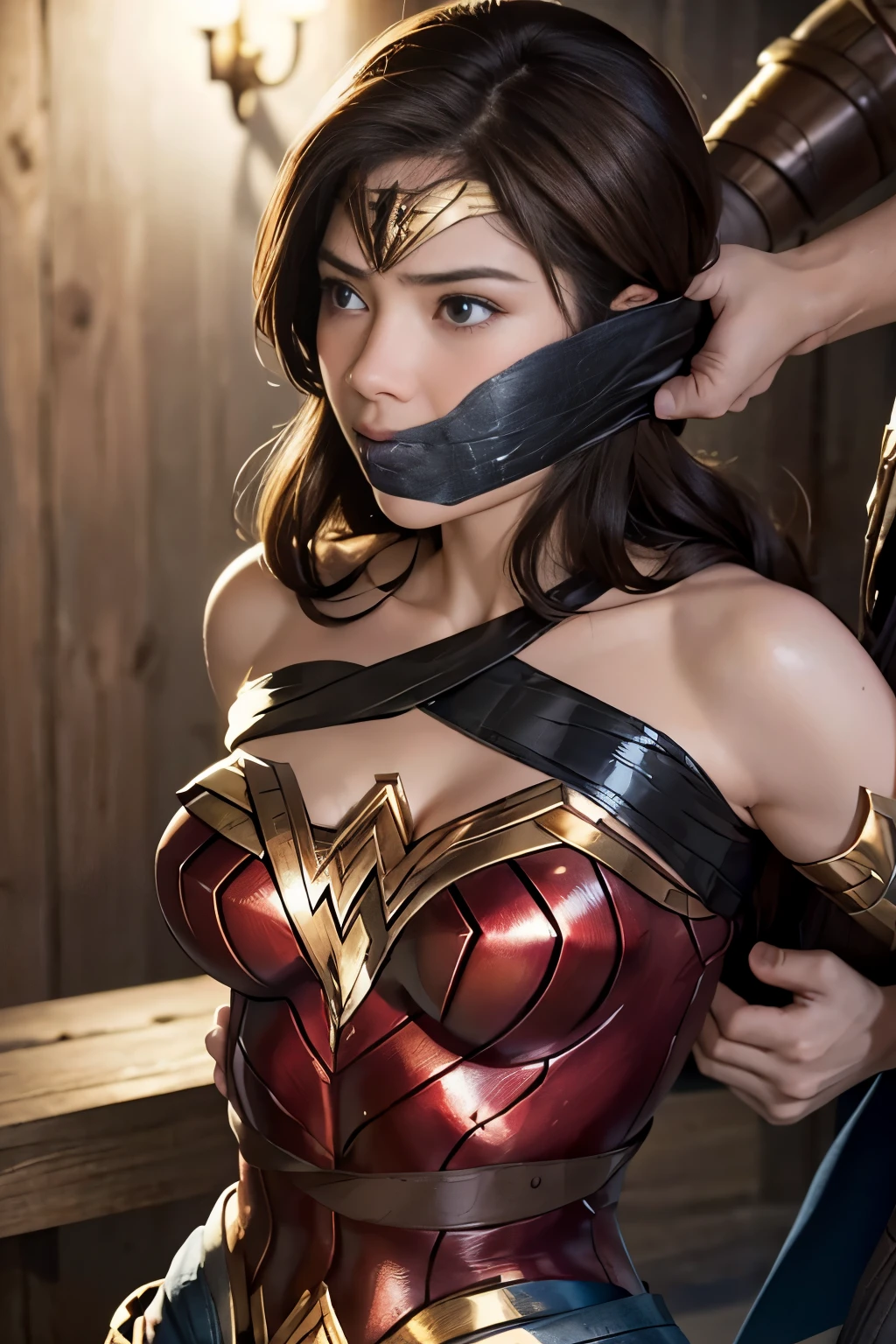 perfect wonder woman costume,face of suffering,sky face,sleeping face,close ~ eye, being Embraced by a man,Embraced by a man,Embraced by a man,Captured by a man,Detained by a man、brown hair, ,improvised gag, tape gag, gagged, duct tape, tape bondage, turn your arms behind your back, tied arms,masterpiece、beautiful girl、fine eye、puffy eye、highest quality, 超High resolution, (reality: 1.4), movie lighting、Japanese、asian beauty、Korean、super beautiful、beautiful skin、(超reality的な)、(High resolution)、(8k)、(very detailed)、(美しくfine eye)、(Super detailed)、 (wall-)、detailed face、bright lighting、professional lighting、slanted bangs、、brown hair、20-year-old、wonder woman cosplay，wonder woman tiara