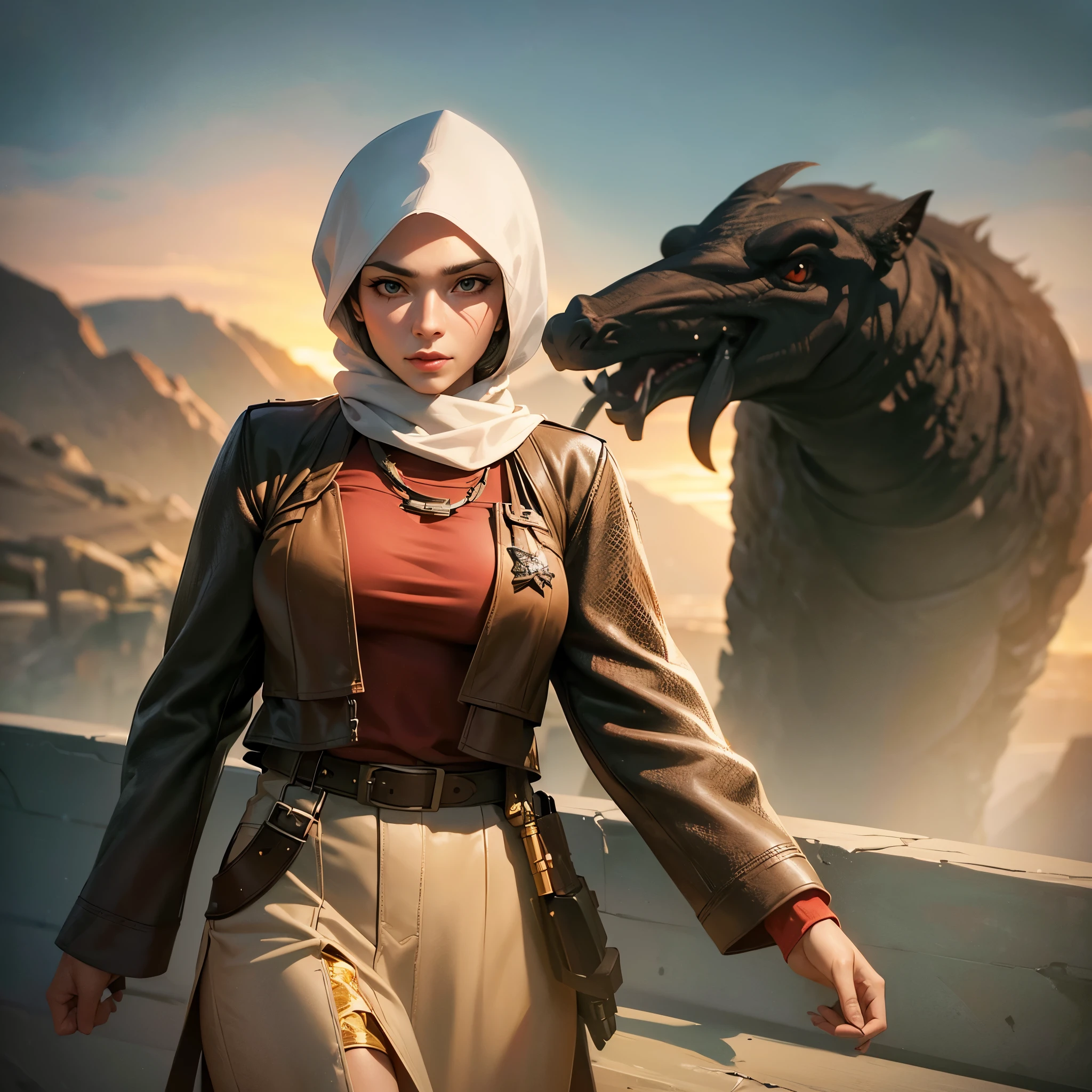A (rugged man resembling Clint Eastwood, wild west gunslinger dressed in white), (busty malaysian gunslinger, age 20 immensely busty, hijab no hair showing), old west town sunset, (best quality,4k,8k,highres,masterpiece:1.2), ultra-detailed, (realistic,photorealistic,photo-realistic:1.37), HDR, UHD, studio lighting, ultra-fine painting, sharp focus, physically-based rendering, extreme detail description, professional, vivid colors, bokeh, portraits, landscape, horror, anime, sci-fi, photography, concept artists, warm color palette, golden-hour lighting